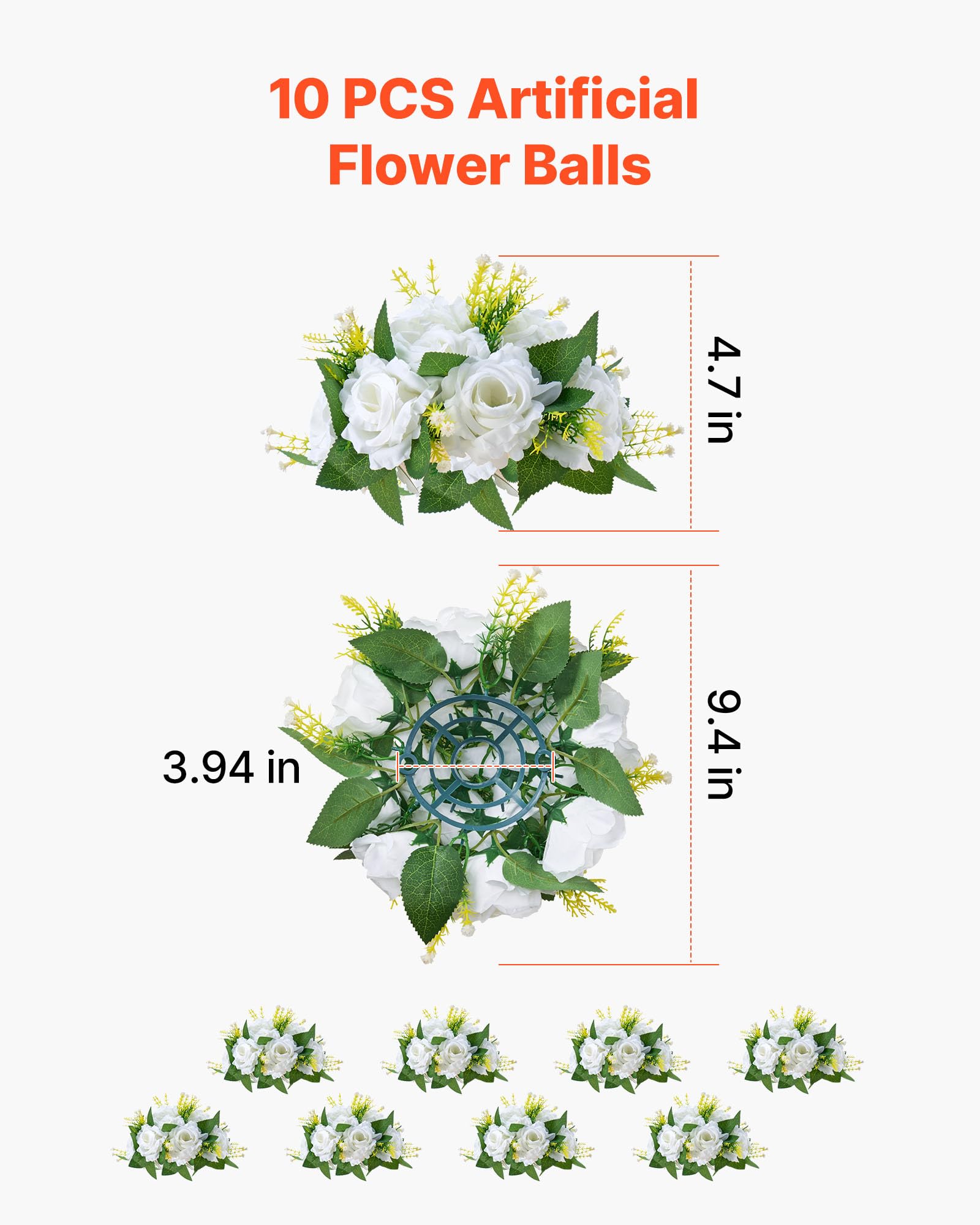 VEVOR Bouquet di Fiori Artificiali, 10 Pezzi, Diametro 24 cm, Centrotavola di Rose per Matrimonio, Composizioni Floreali Finte per Cerimonie, Ricevimenti, Feste, Decorazioni per Esterni, Bianco