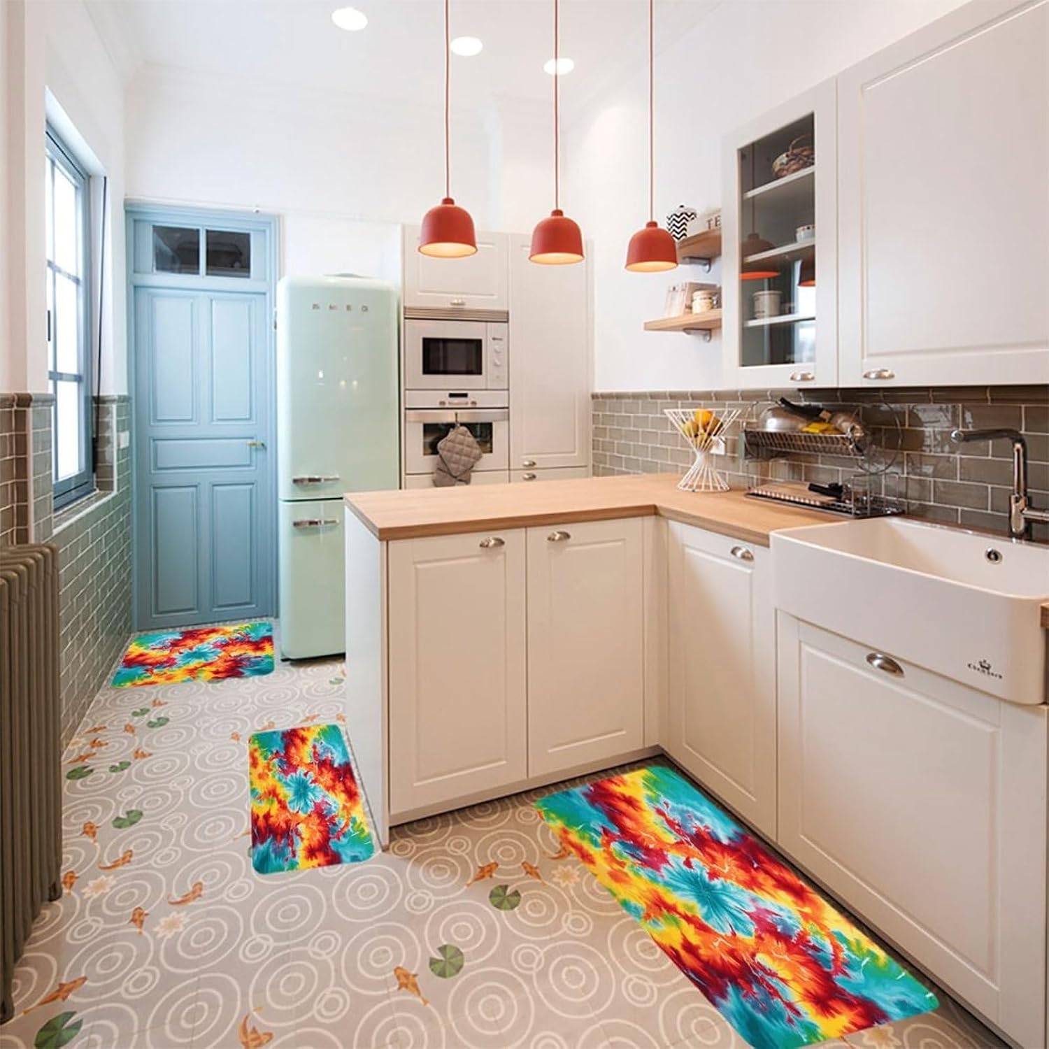 Color Tie Dye Kitchen Rugs Sets of 3 Washable Non Slip Kitchen Rug Water Resistant Carpet Piece Anti Fatigue Kitchen Mats Soft Comfort Standing Mat Modern Area Rug