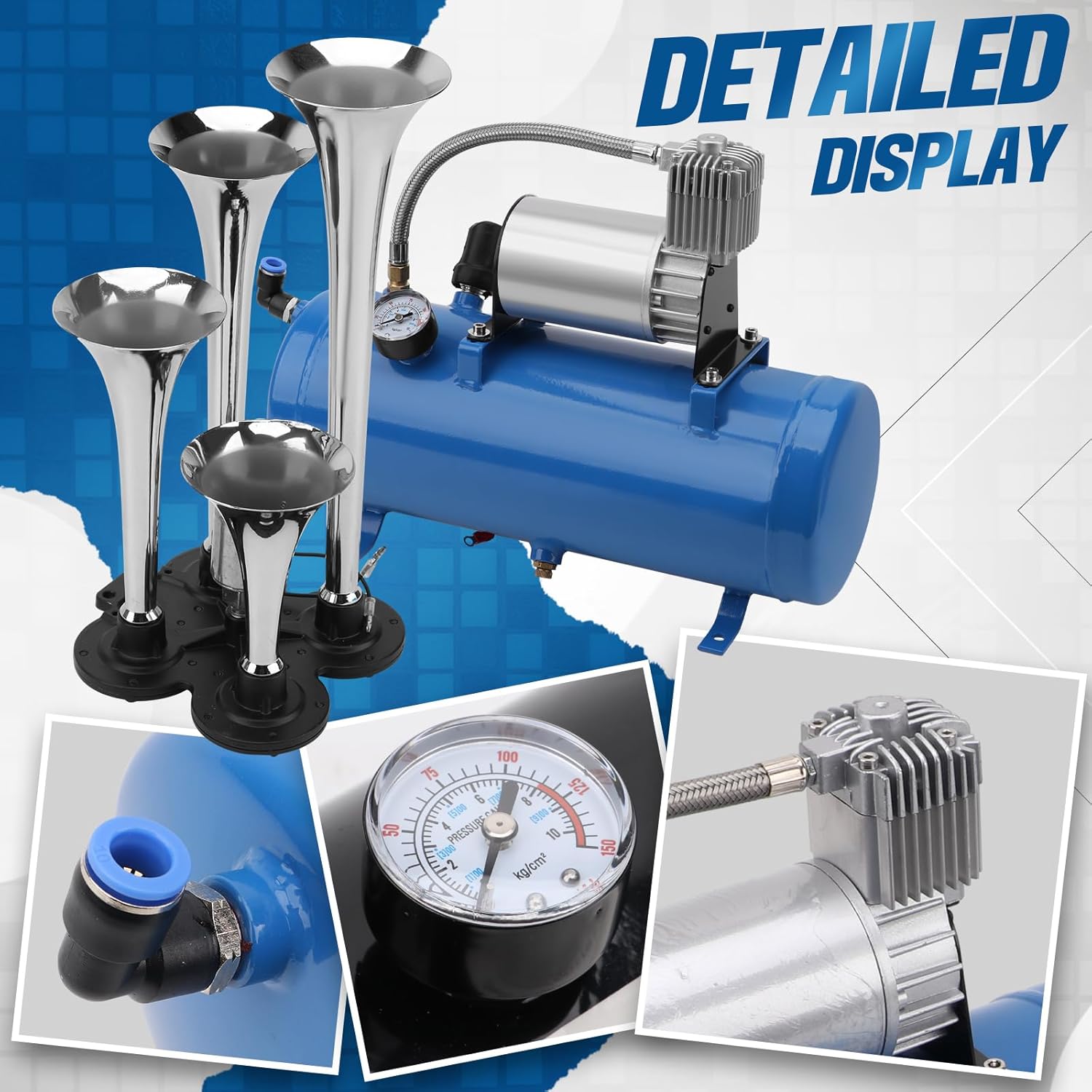 12V 180DB Train Horns Kit Super Loud Truck Air Horn with 1.6 Gallon 150 PSI Air Compressor Tank Can for Truck,Car,Jeep,SUV,Train,Pickup,Boat and Other Vehicles