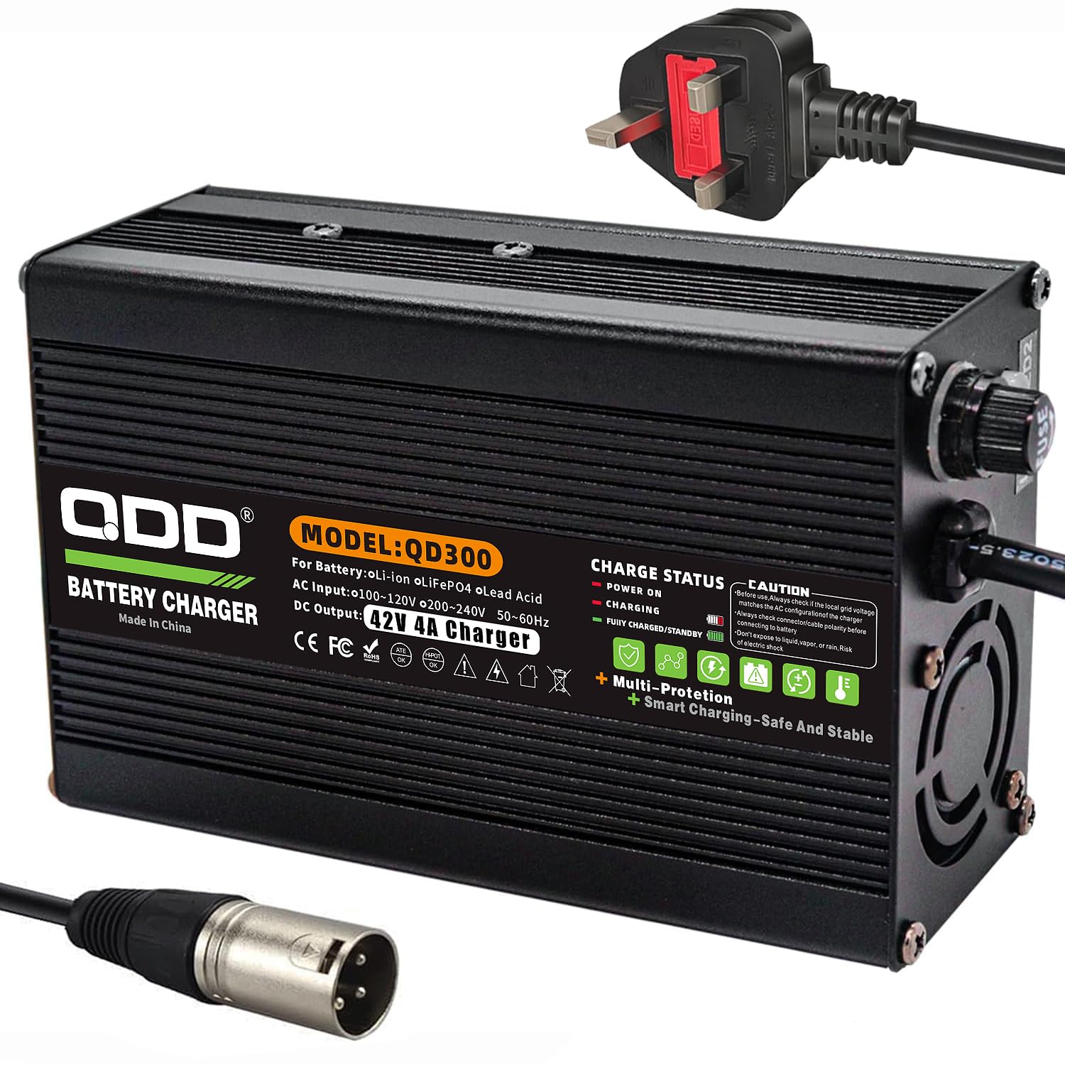 QDD Chargeur de batterie 42 V 4 A Protection multiple pour batterie Li-ion 36 V avec prise XLR 1 + 2 broches