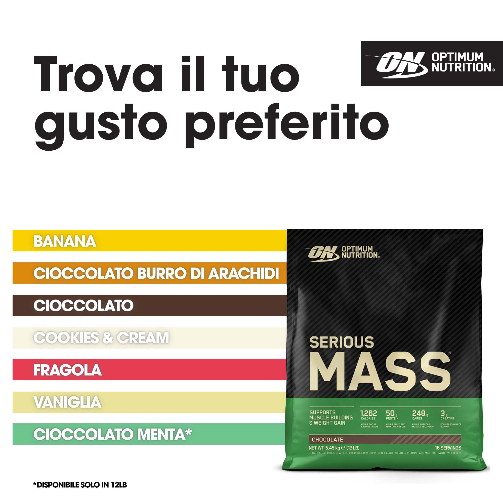 Optimum Nutrition Serious Mass Gainer Proteico in Polvere, Gusto Cioccolato, 5.45kg, 16 Porzioni