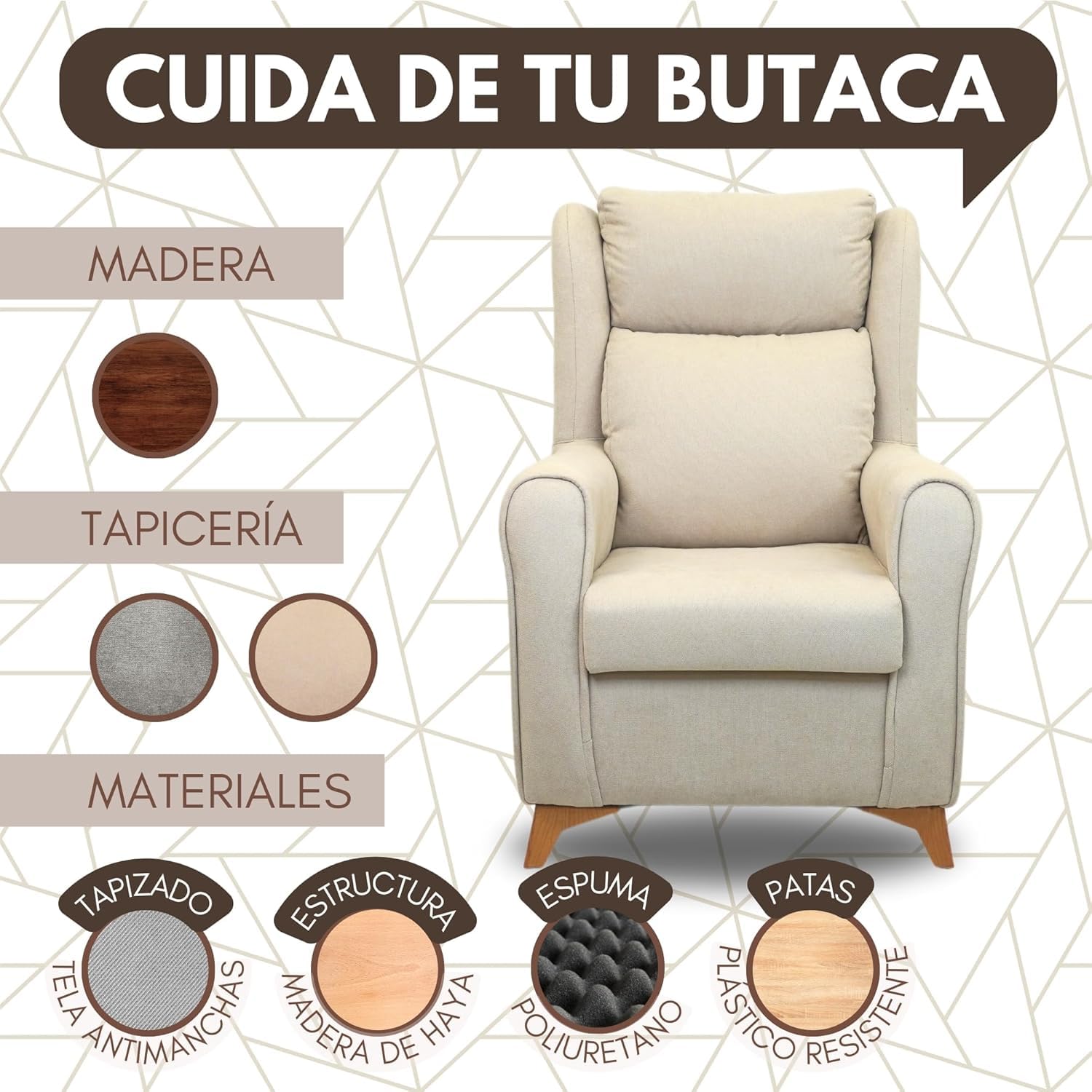 HOME DESIGN & CONFORT® Sillón Modelo Madrid con Respaldo y Asiento Desenfundable para Dormitorio, Salón, etc | Butacas de Salon de Fibra de Silicona (Beige)