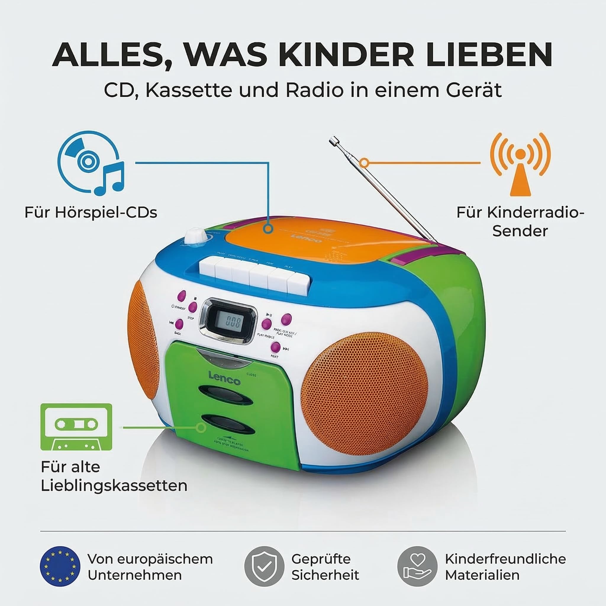 Lenco SCD-971 - CD Player - Radio CD Player - auch für Kinder - Tragbar | CD Spieler -Kinderradio - Kassettenradio mit CD - Kassettenspieler - Kopfhöreranschluss