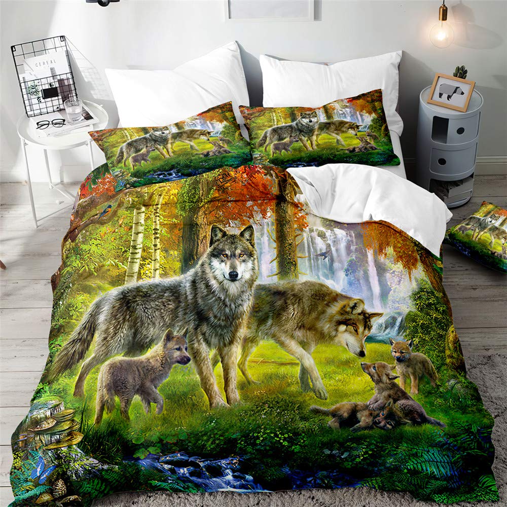 Morbuy Boys Forest Duvet Cover Set For Single Double Super King Size Bed, 3D Wolf Printed Microfiber Bedding Sets Duvet Set With Pillowcases And Quilt Case (,Double-200X200cm)