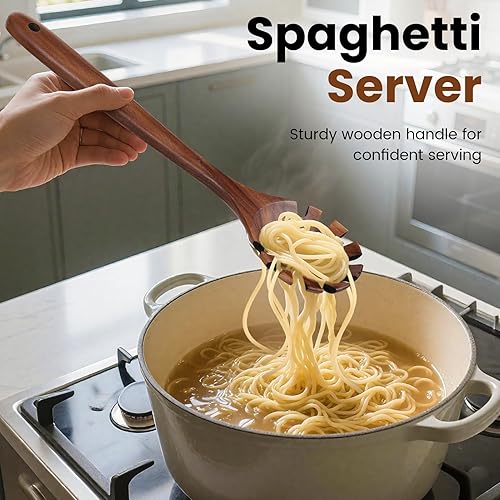 Miniatura 3 de Juego de cucharas de madera para cocinar, tenedor de pasta y cucharón - 2 utensilios de cocina antiadherentes de madera de teca natural para