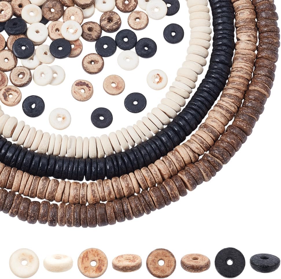 AHANDMAKER 496Pcs/4 Strands Coconut Shell Beads, 10mm Flat Round Coconut Spacer Beads Coin Disc Loose Charm Beads Beach Theme Beads Strands for Bracelet Necklace Jewelry Making, Hole: 1.7mm