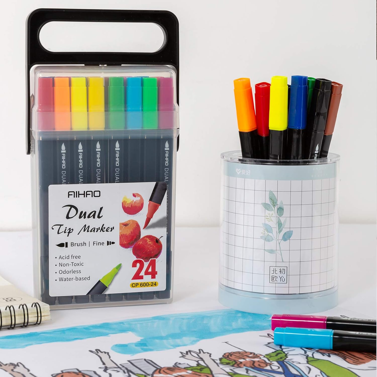 AIHAO Markers for Kids,Washable Markers With Stand Portable Box,Dual Tip Set, Brush & Fine Tips, 24 Pack, Art Supplies for Coloring, Doodling, Sketching, Drawing, Journaling - Image 7