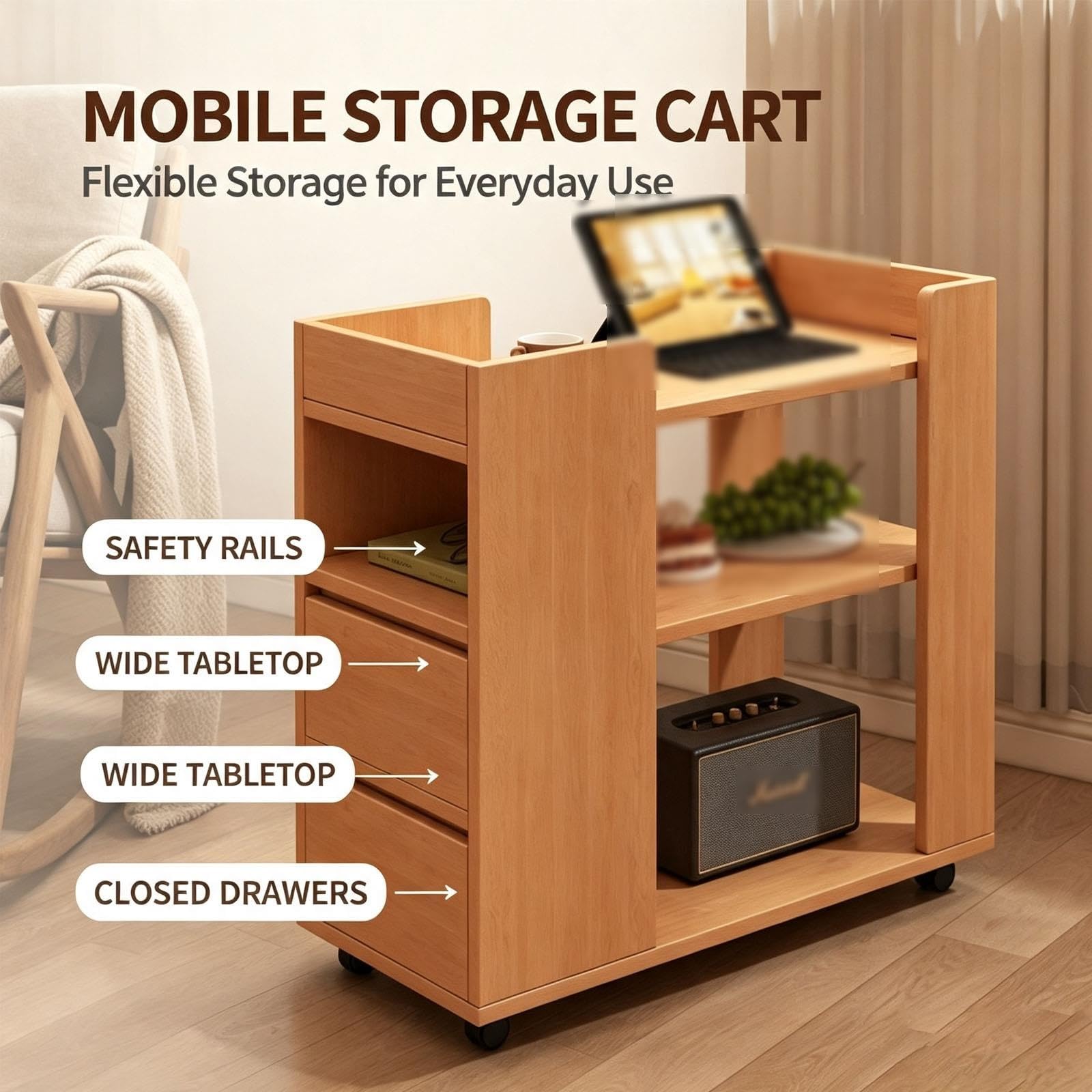 Mobiletto Portaoggetti Con Ruote, Tavolino Laterale 2 Cassetti