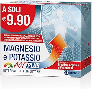 Magnesio Potassio Act Plus, Integratore Alimentare al Gusto Agrumi, a base di Magnesio e Potassio con Creatina, Arginina e Vitamina C - 1 Confezione da 14 bustine