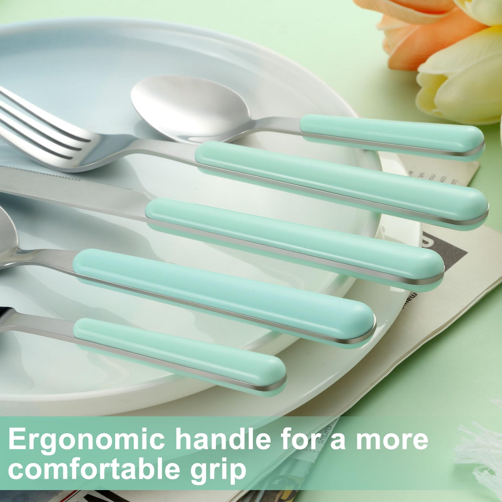 Sobeta Set Di Posate Set Di Stoviglie In Acciaio Inossidabileset Di Posate Con Manico In Bambù Puramente Naturaleset Di Stoviglieset Da 32Pz Argento