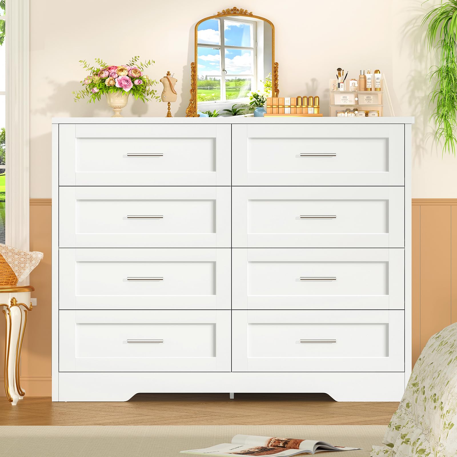 TEENFON Comoda Dormitorio 8 Cajones Blanca, Cómoda y Cajonera Multifunción para Dormitorio - Sinfonier Blanco de Gran Capacidad, Ideal para Salón y Entrada, 107x35x96.5cm