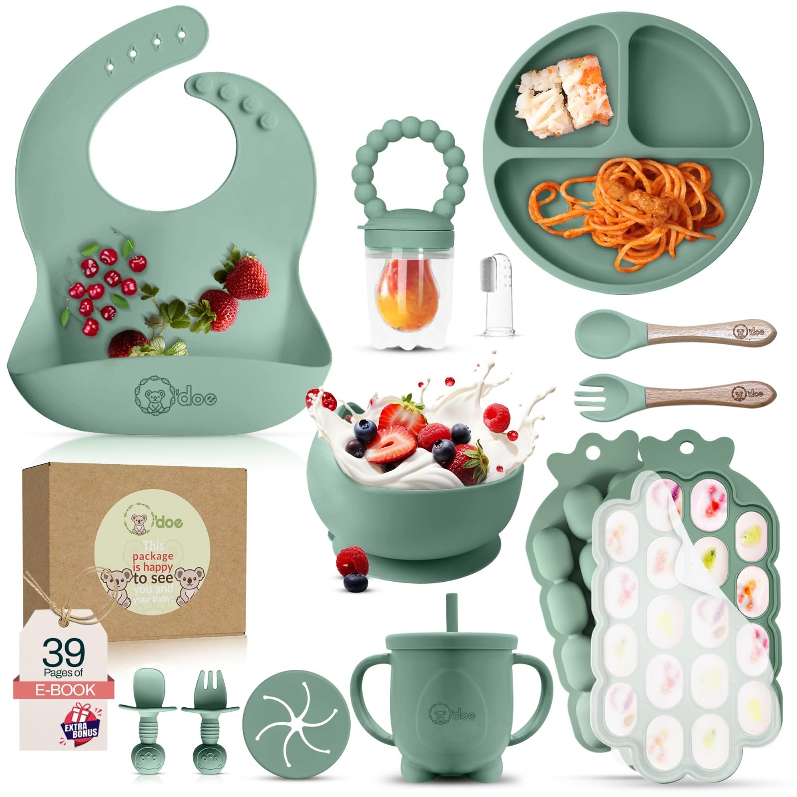 Juego de alimentación de silicona para bebés O doe Baby Weaning de 15 piezas con plato de succión, tazón, babero, taza para sorber, alimentador de frutas y bandeja para congelador.