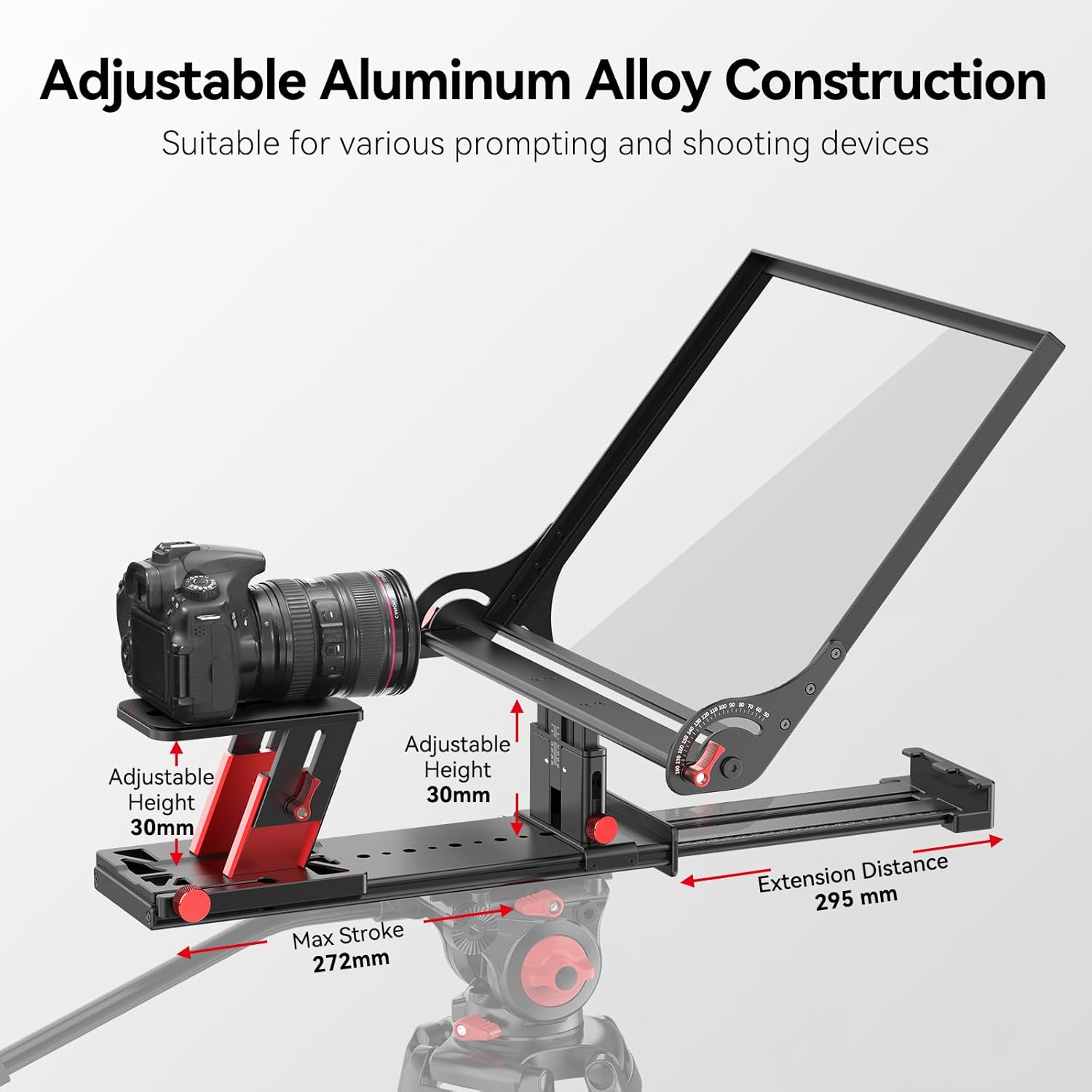 Desview P17 Teleprompter with a DSLR camera mounted, showing adjustable height and extension distance.