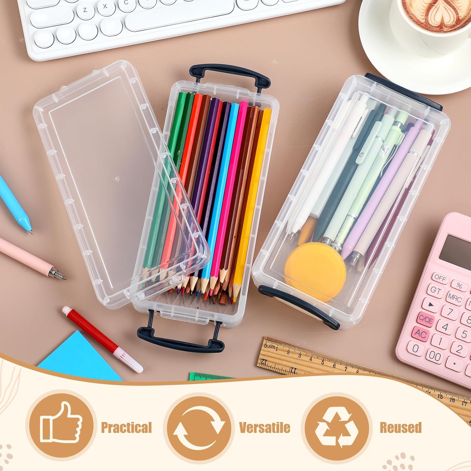 Gueevin 12 Pcs Large Capacity Plastic Pencil Box Clear Plastic Pencil Case Crayon Box with Snap Tight Lid Watercolor Pen Storage Brush Organizer Drawing Tools Container (Grey) - Image 4