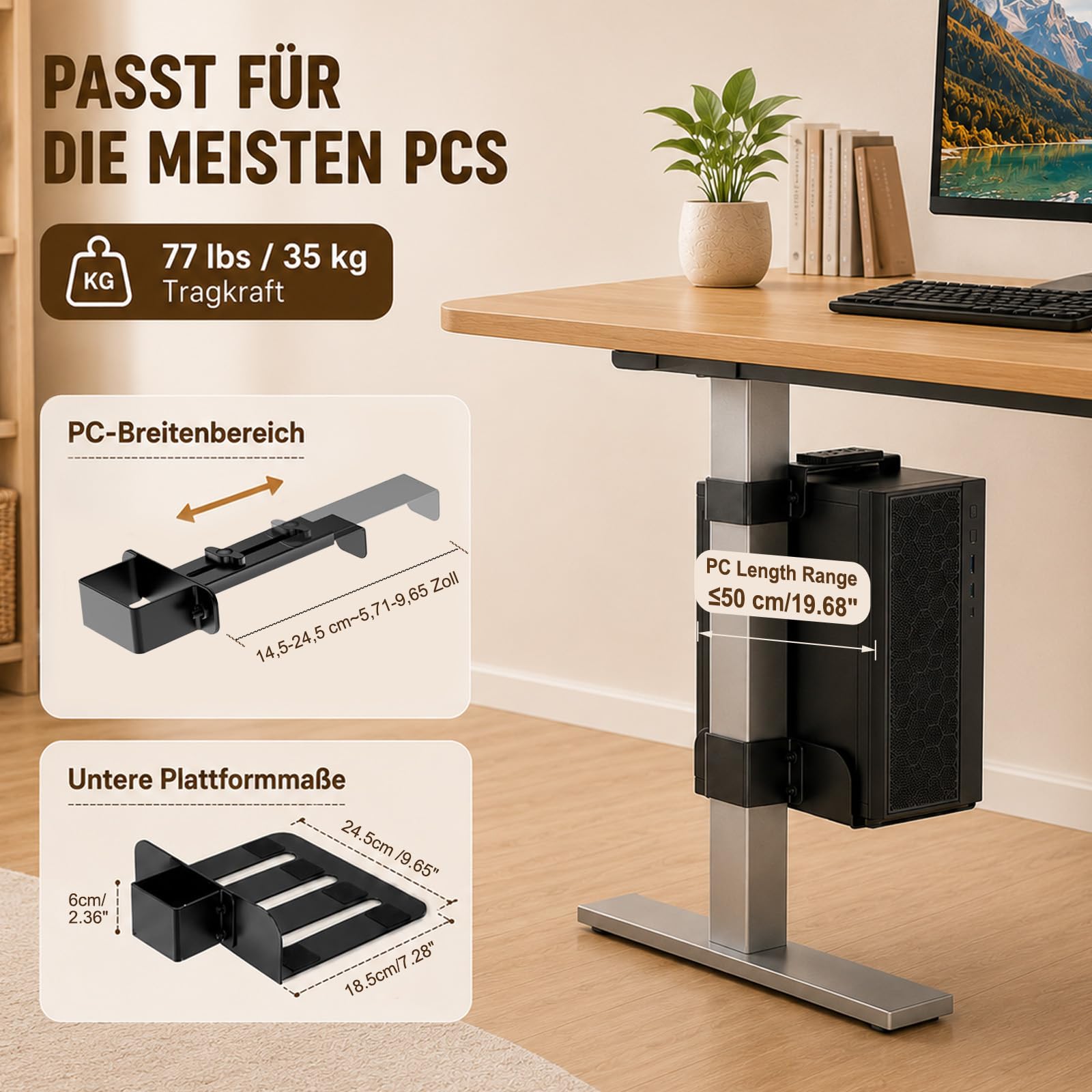 Supporto per PC regolabile sotto la scrivania, supporto CPU regolabile in altezza, solo per gambe del tavolo da 80 × 50 mm, portata 18 kg, supporto da tavolo per PC, per ufficio, casa, aula, senza