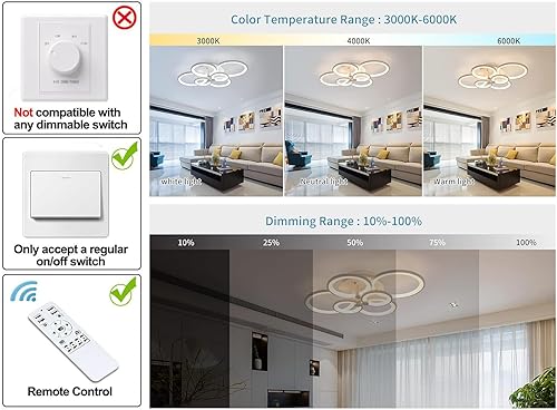 Miniatura 3 de Ganeed Lámpara de techo LED con control remoto, candelabros acrílicos modernos de 72 W, lámpara de techo de montaje empotrado de color de luz