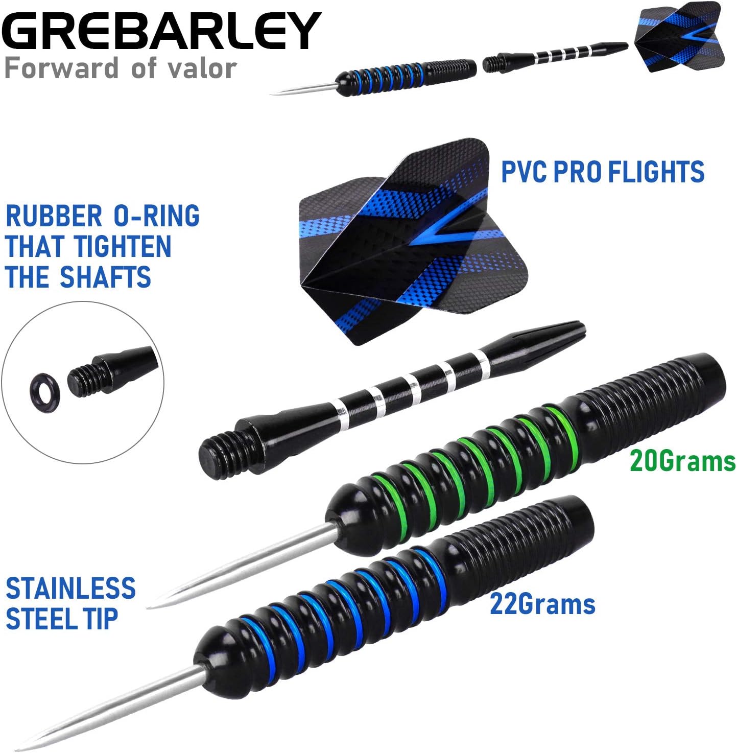 Grebarley Darts Steel Tip Set Professional for Dartboard 4 Sets 54 Pcs 20 22 Grams with 9 Extra Flights Tool Kit O Rings Ebook