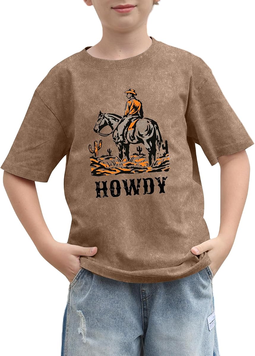 Boys Howdy Shirt Rodeo Western Graphic Letter T-Shirt Kids Toddler Funny Cowboy Country Acid Wash Tees Tops