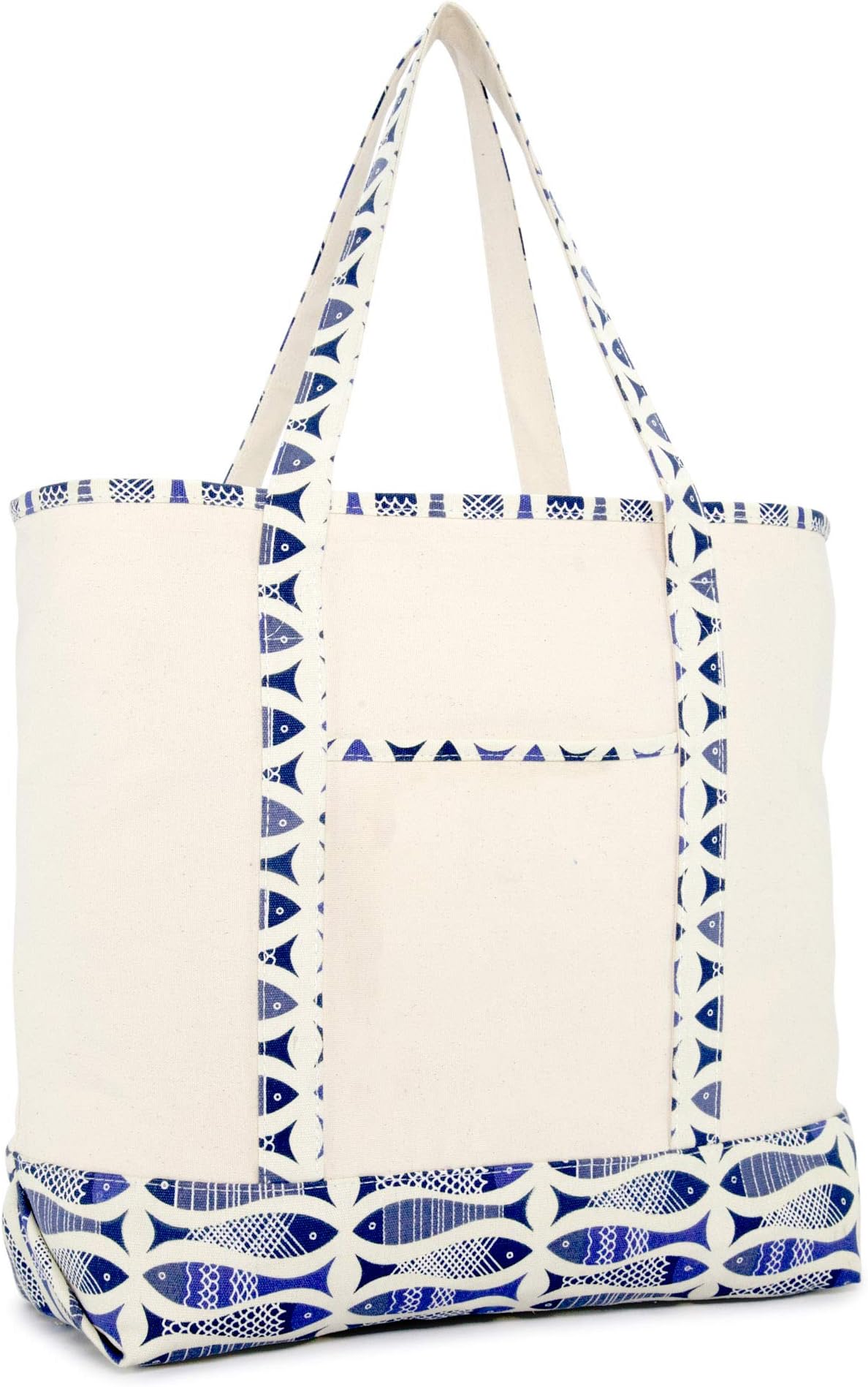 DALIX 22" Shopping Tote Bag Heavy Cotton Canvas (Zippered Top) Blue Antique Fish