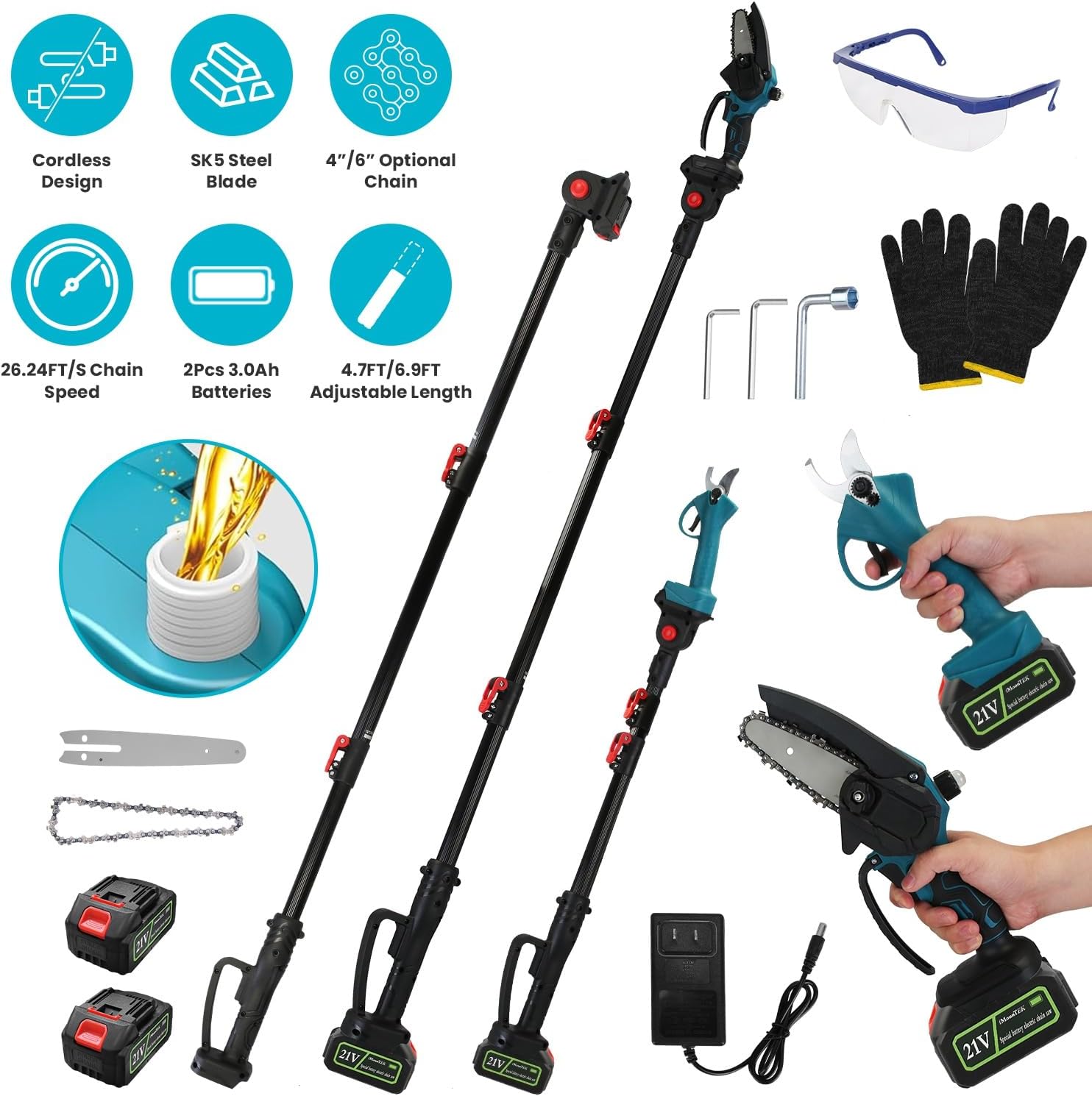 4-in-1 Pole Pruning Shears, Electric Pruning Shears & pole saws for tree trimming with 7 adjustable head angles,Cordless Pole Shears and Battery Pole Saw with 2Pcs 3000mAh rechargeable batteries