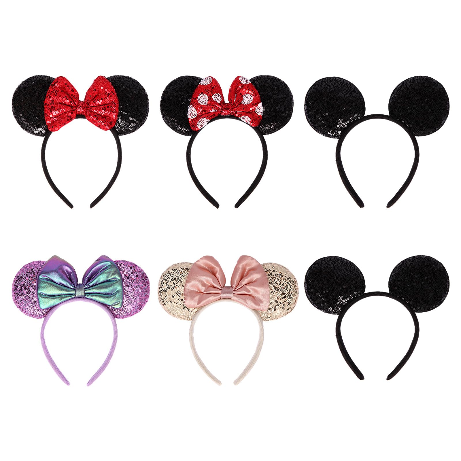 6 Pack Sequin Mouse Ears Headbands for Women Girls boys Shiny Bows Headband for Cosplay Costume Birthday Party