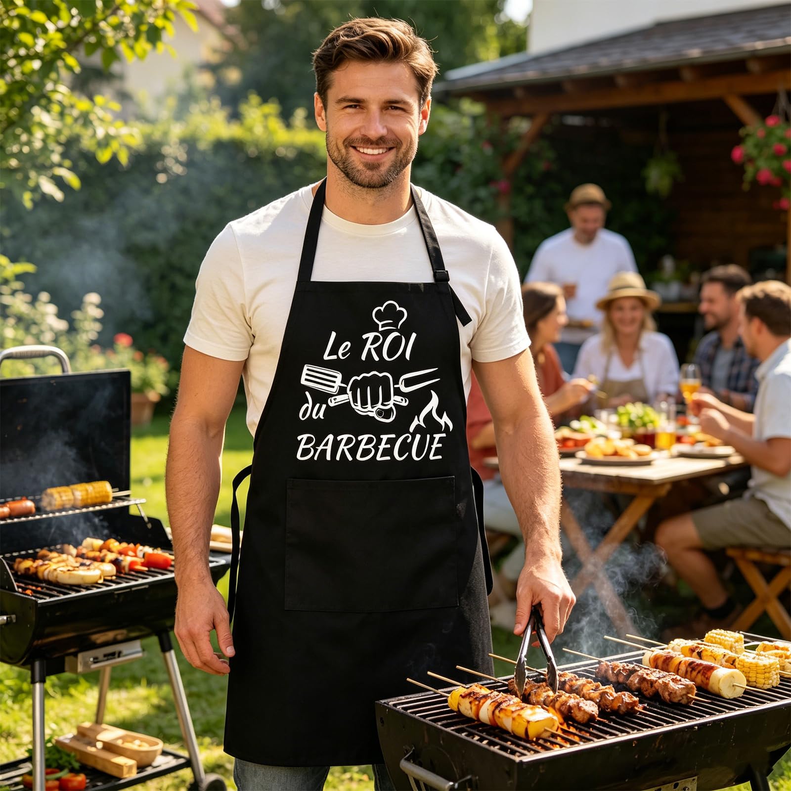 Tablier Cuisine Homme Femme - Tablier Barbecue Humour Réglable Noir Étanche avec Poche, Cadeau Anniversaire Homme Femme, Cadeau Rigolo pour Cuisson en Plein Air, Idéal pour Papa, Maman, Frère et Sœur