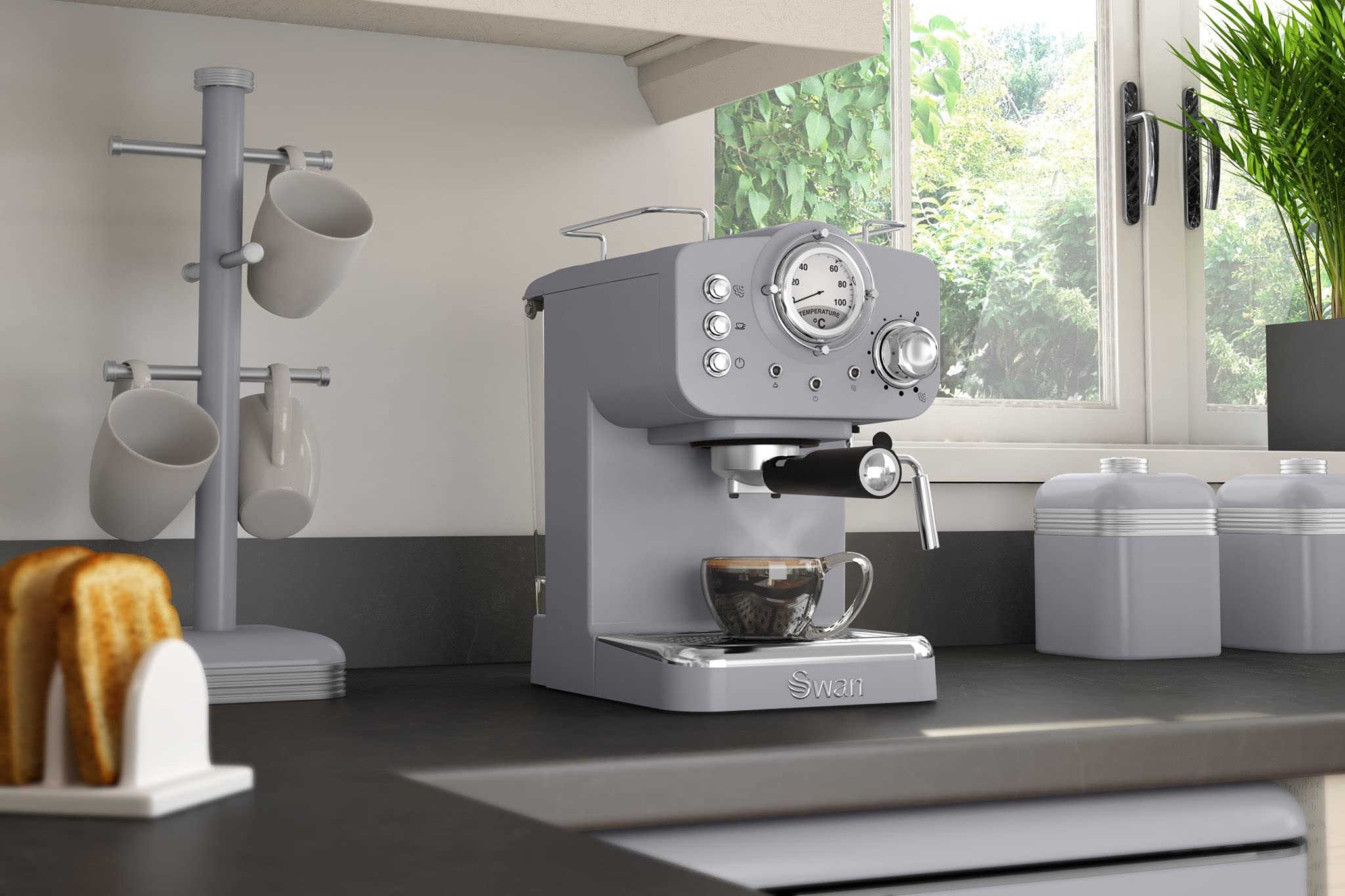 Swan Retro Pump Espresso Coffee Machine, Grey, 15 Bars of Pressure
