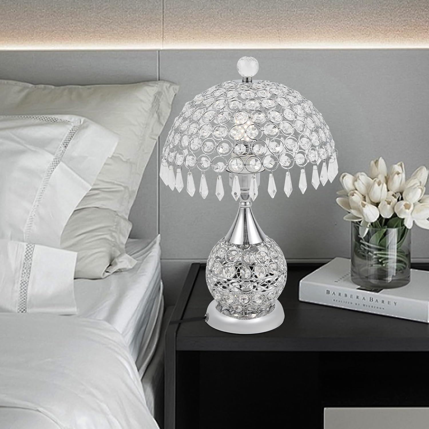Crystal Table Lamp Light with Crystal Shade, LED Desk Lamp with Plug in Cord Lux…