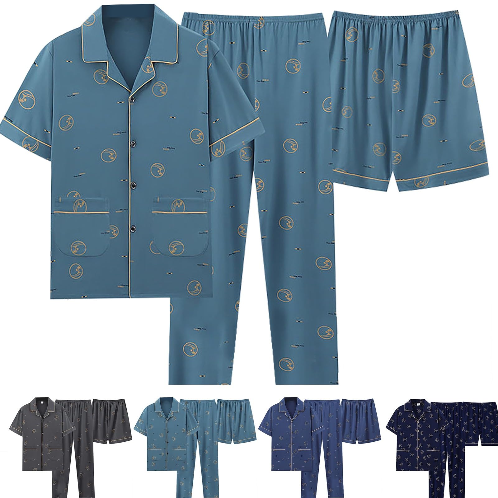 Pijama de 3 piezas para hombre, 3 piezas, conjunto de pijamas Y2K, manga corta, pijama con botones, pijama para hombre, ropa de noche, ropa de dormir, ropa de dormir, ropa de dormir, ropa de dormir