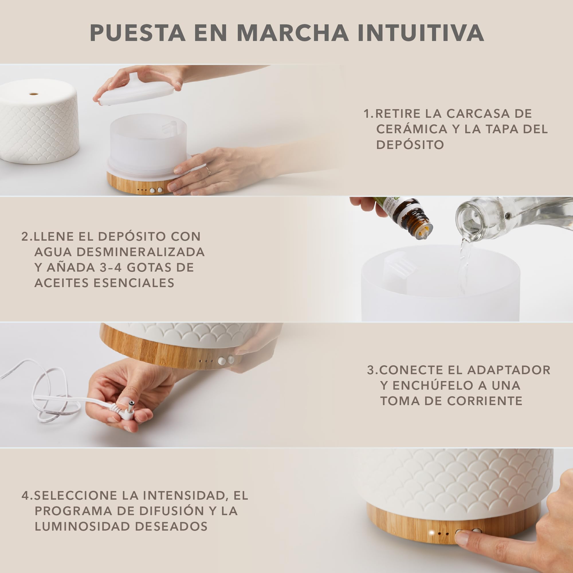 Moya - Difusor Aceites Esenciales Ultrasónico 280 Ml - 14h Autonomía - Luz LED – Temporizador - Silencioso con Apagado Automático - Aromaterapia - Modo Respiración Antiestrés - Bambú Y Cerámica