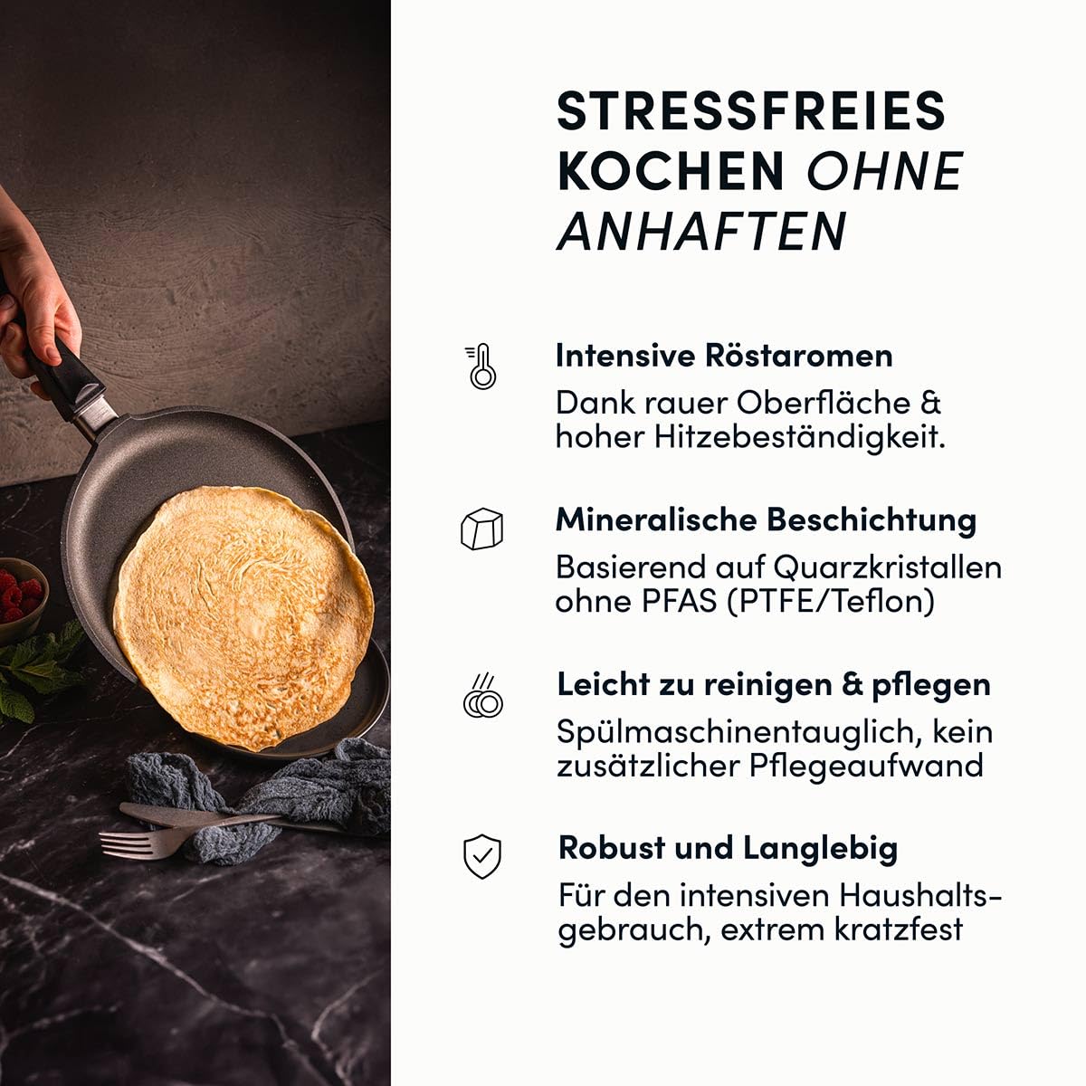 Hoffmann STONIQ Crêpepfanne Ø 28 cm IQ-SHIELD Antihaftbeschichtung | PFAS-frei, Abnehmbarer Griff, Induktionsgeeignet, Made in Germany