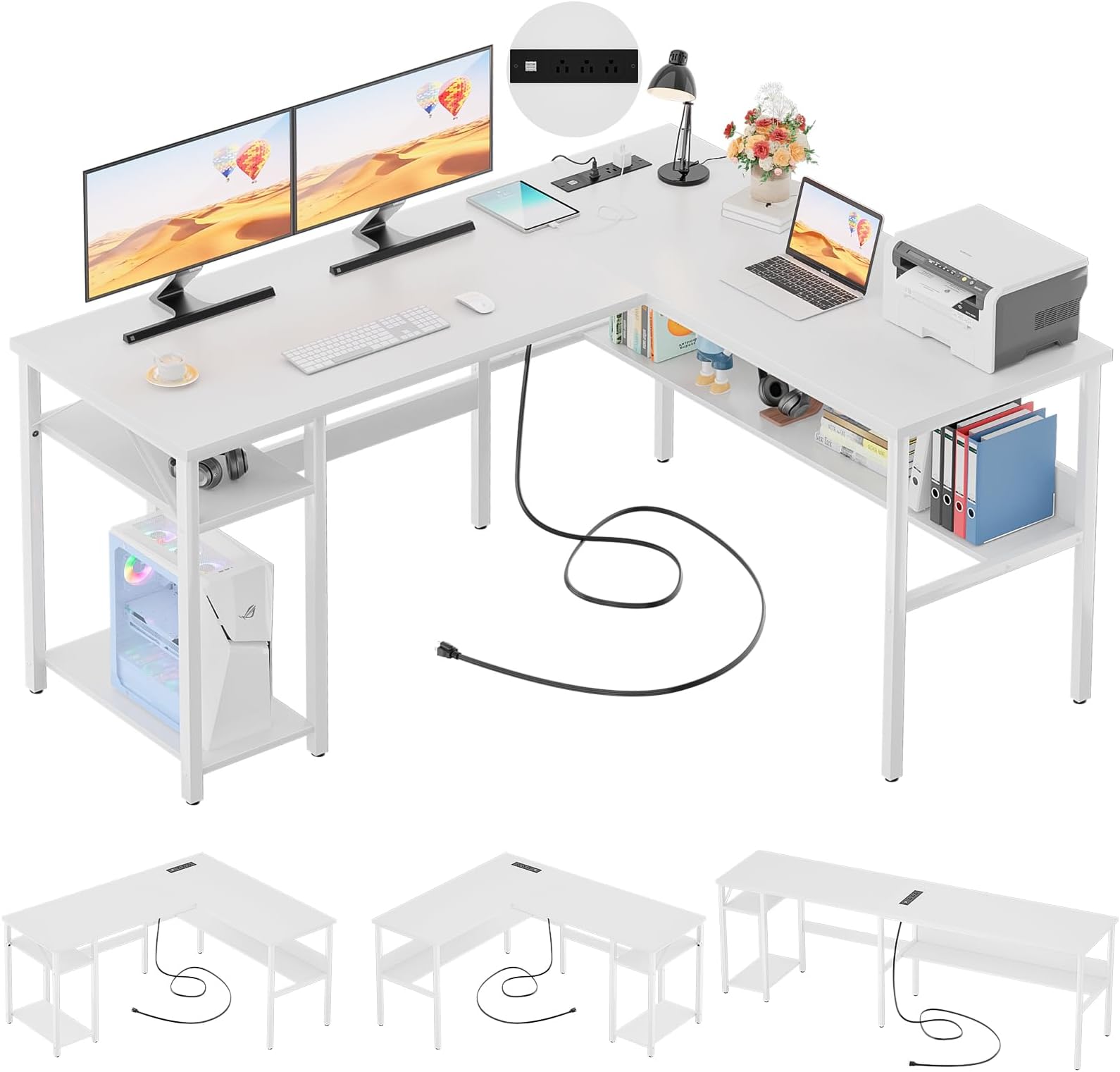 Unikito Reversible L Shaped Computer Desk with Magic Power Outlets and USB Charging Ports, Sturdy Corner Desk with Storage Shelves, Durable Work Desk for Home Office, Easy to Assemble, White