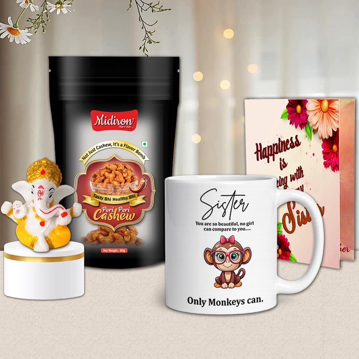 Midiron Rakhi Gift Hamper for Sister | Lord Ganesha Idol, Peri Peri Cashews, Sister Mug and Greeting Card-image-1