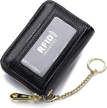 Tapp Collections RFID Credit Card Holder, Small Leather Zipper Card Case Wallet with ID Window & Detachable Keychain - Black