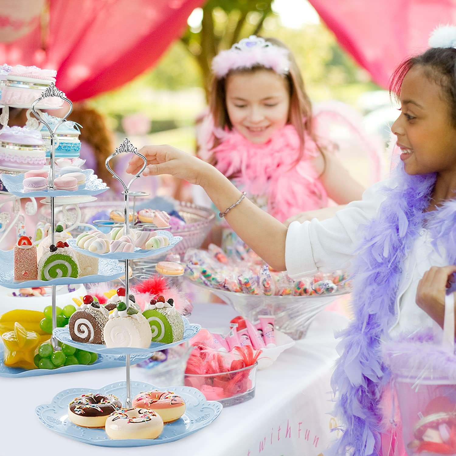 Cupcake Stand,2 Set of 3-Tier Dessert Plates Mini Cakes Fruit Candy Display Tower Cookie Tray Rack Candy Buffet Holder Plastic Cake Stand for Wedding Home Holiday Birthday Christmas Party Decor (Blue)