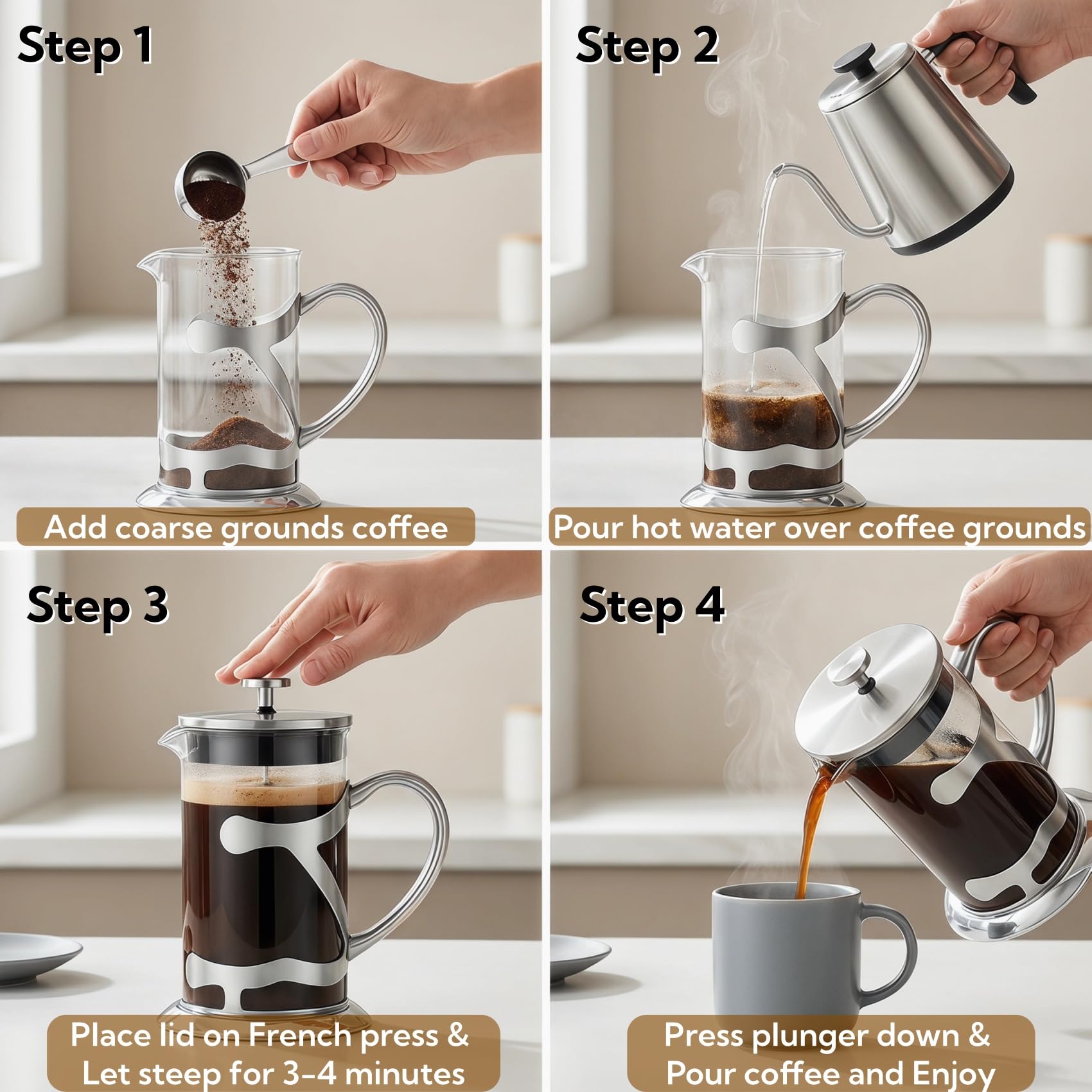 Cafetera de prensa francesa de acero inoxidable de 1 litro, prensa de café de vidrio de borosilicato resistente al calor con cuchara medidora de café, cafetera manual para café y té