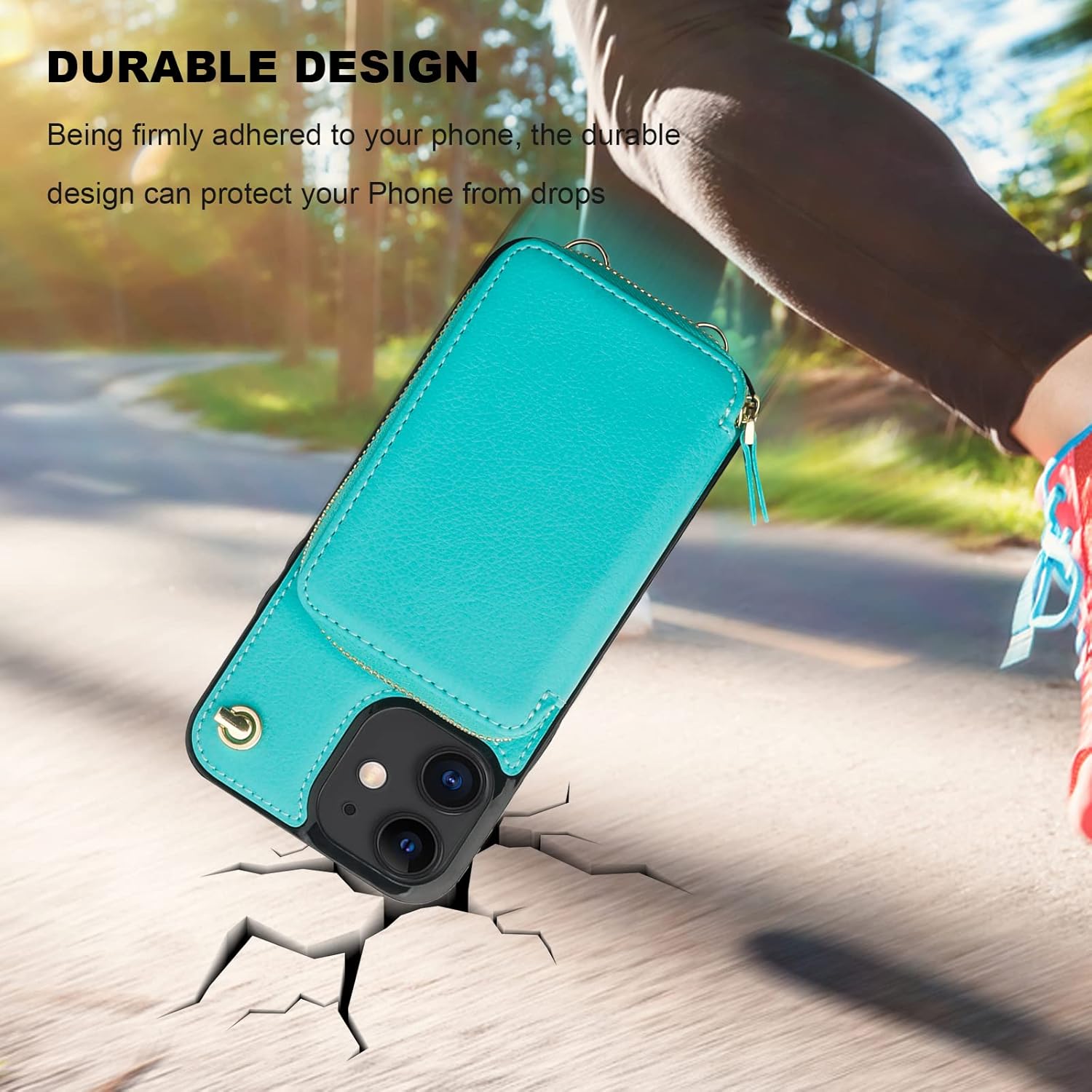 Bocasal Crossbody Wallet Case for iPhone 12/12 Pro, RFID Blocking Leather Purse Case with Card Holder, Protective Handbag Flip Cover with Zipper Wrist Strap Lanyard for Women 5G 6.1 Inch (Mint Green)