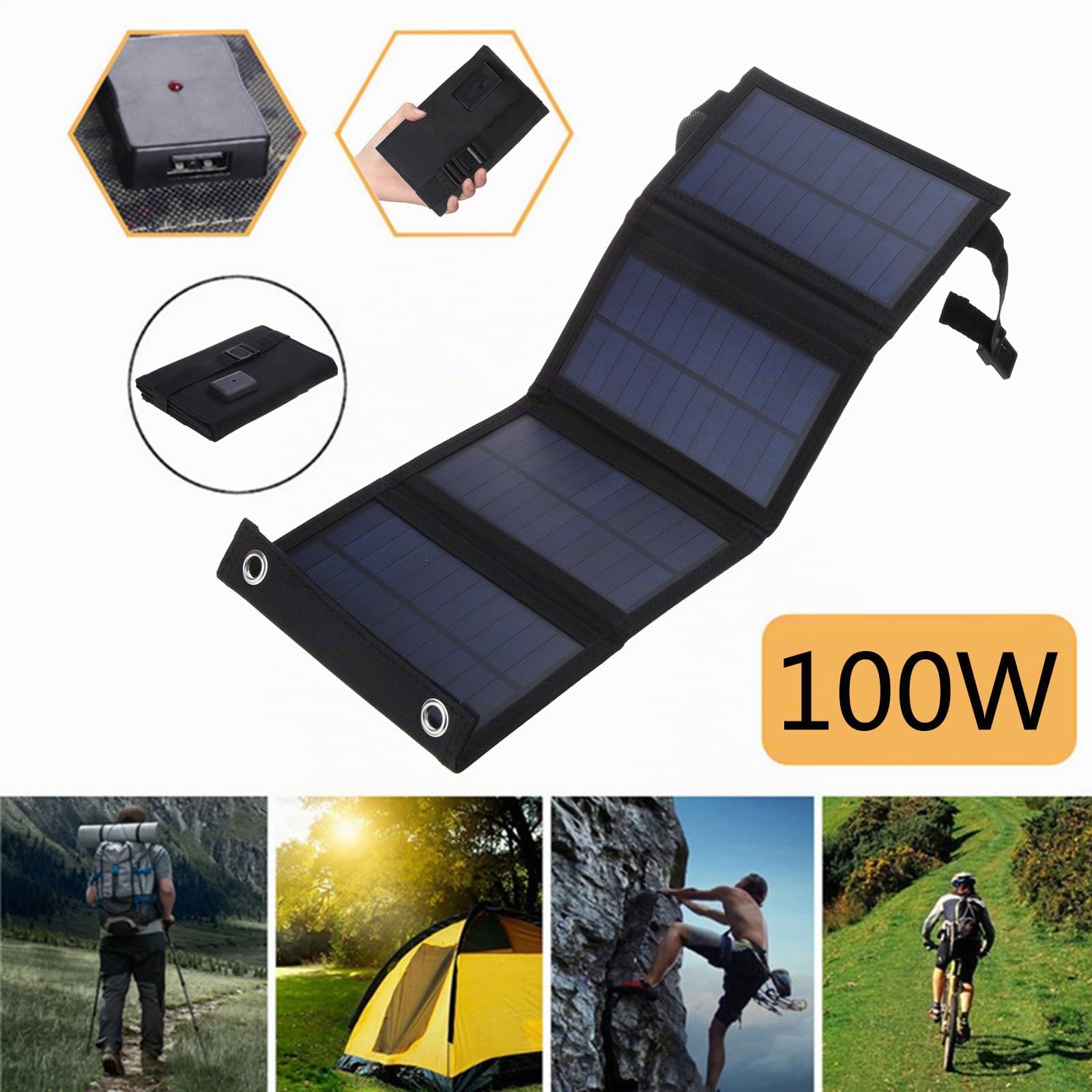Pannello solare pieghevole USB da 100 W, piastra pieghevole portatile per esterni, batteria da viaggio