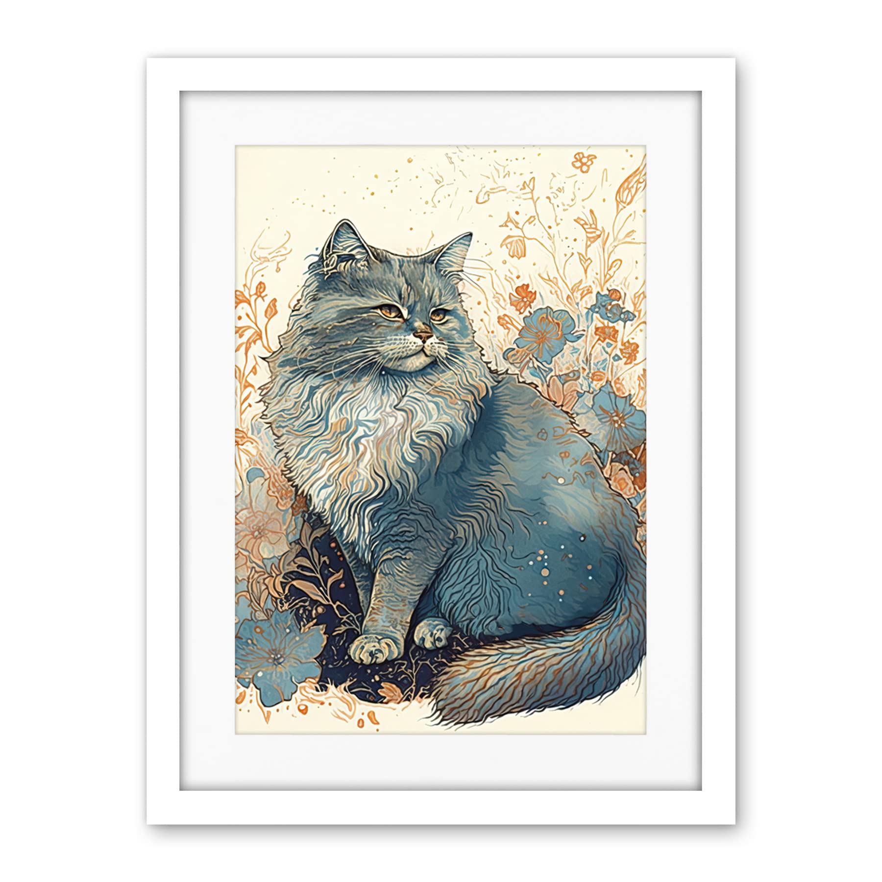 Artery8 Fluffy Cat in Wildflowers Teal and Orange Watercolour Illustration Artwork Framed Wall Art Print 18X24 Inch