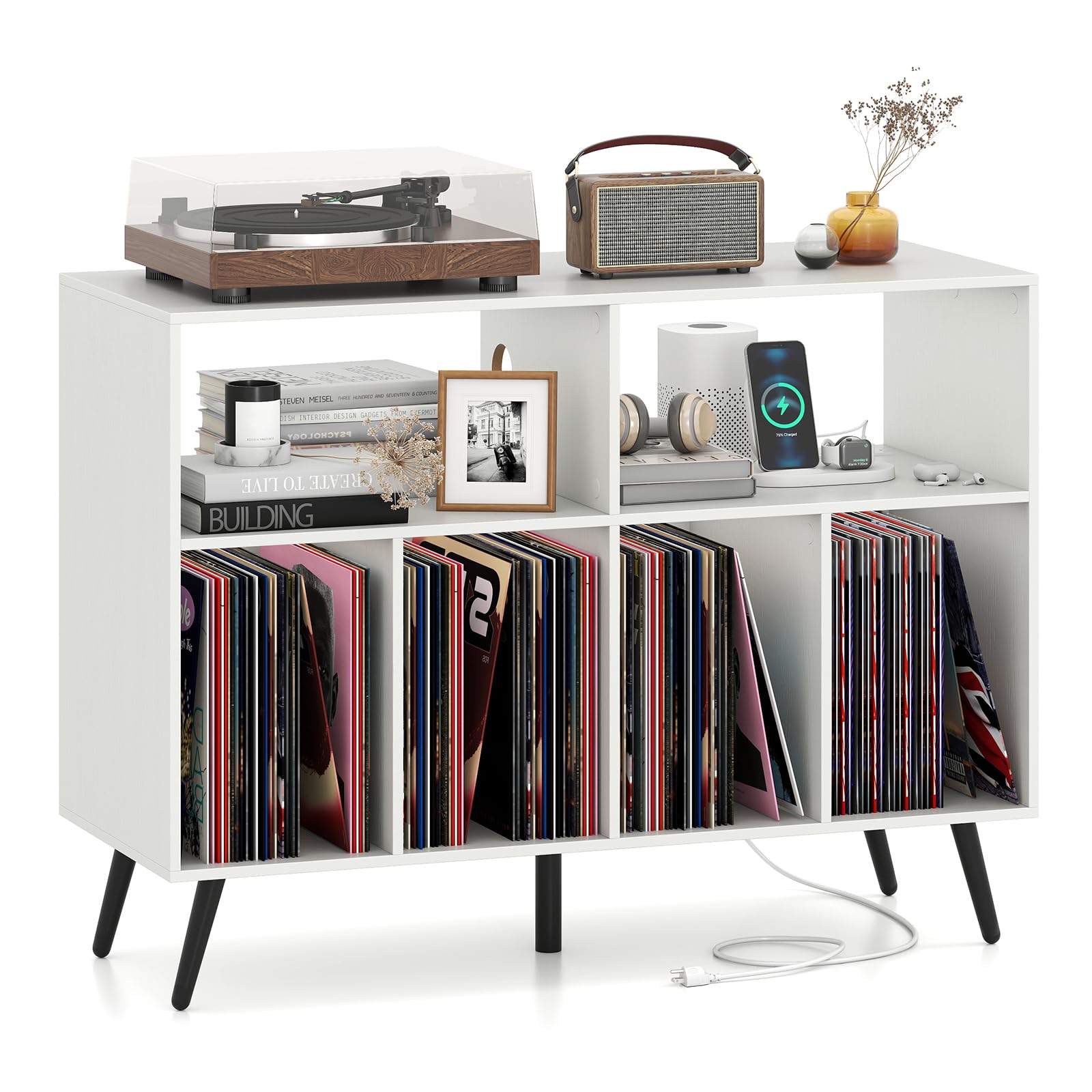 Giantex Large Record Player Stand with Charging Station, Turntable Stand Holds Up to 450 Albums, Record Player Table with Raised Leg, Vinyl Record