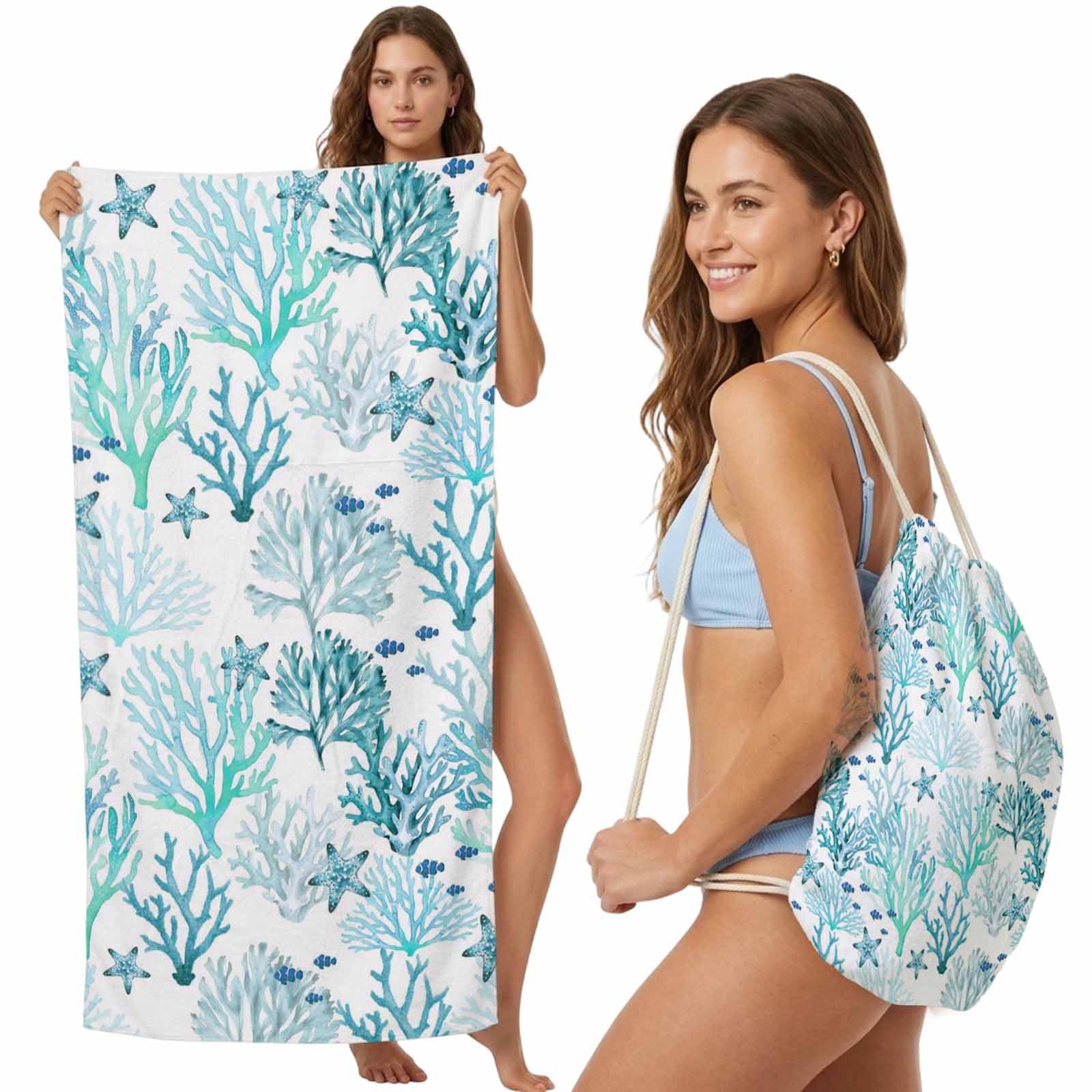 Beach Towel Backpack, Watercolor Teal Marine Coral Starfish 2-in-1 Foldable Soft Microfiber Quick Dry Beach Towel 31.5x63in Seamless Ocean Theme Lightweight Pool Towels Bag for Travel, Yoga, Gym