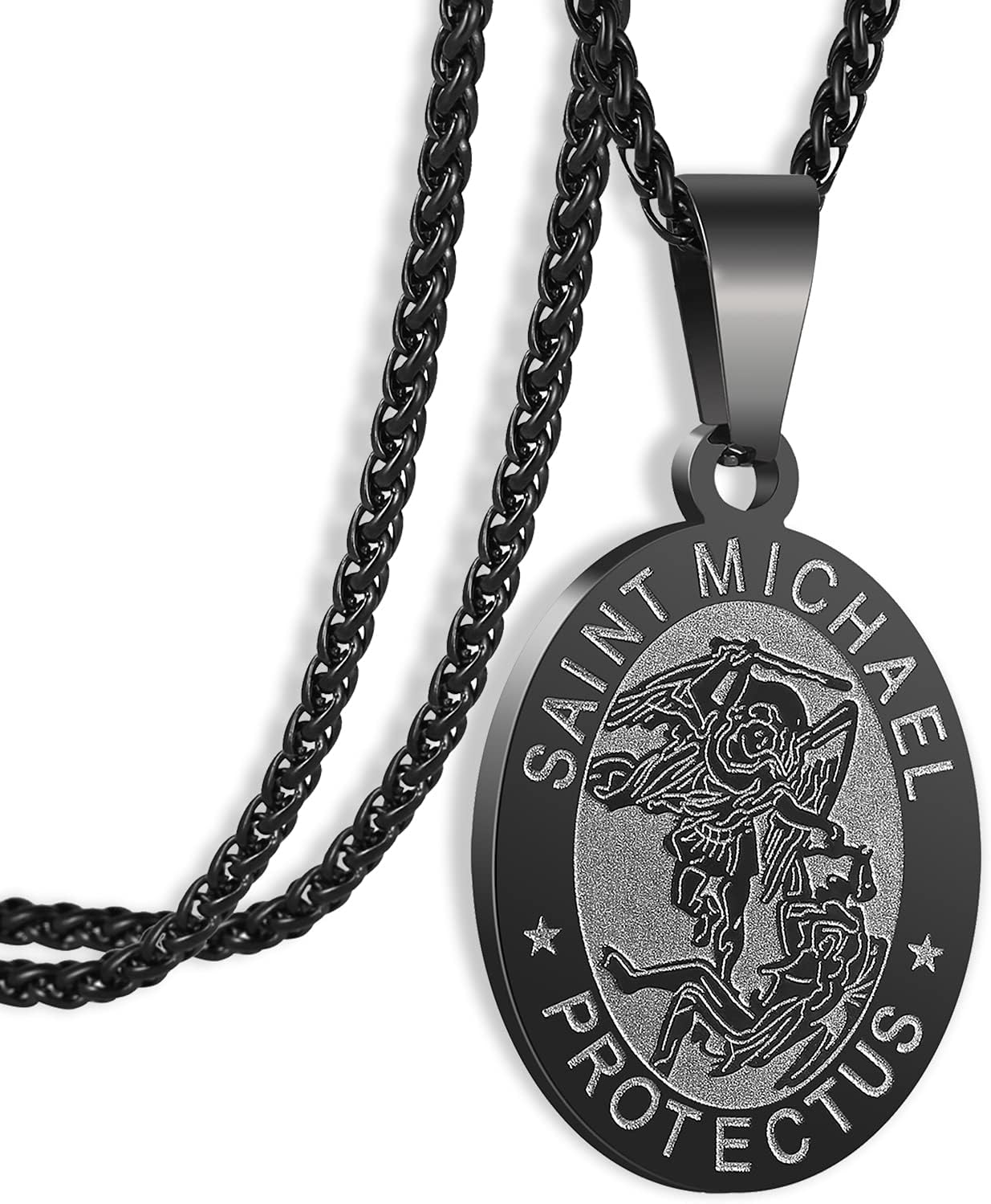 ApsvoOval Saint Christopher/Michael/Joseph/Virgin Mary/Florian/Jude Pendant Medal Necklace, Catholic Stainless Steel Wheat Chain 24 Inches