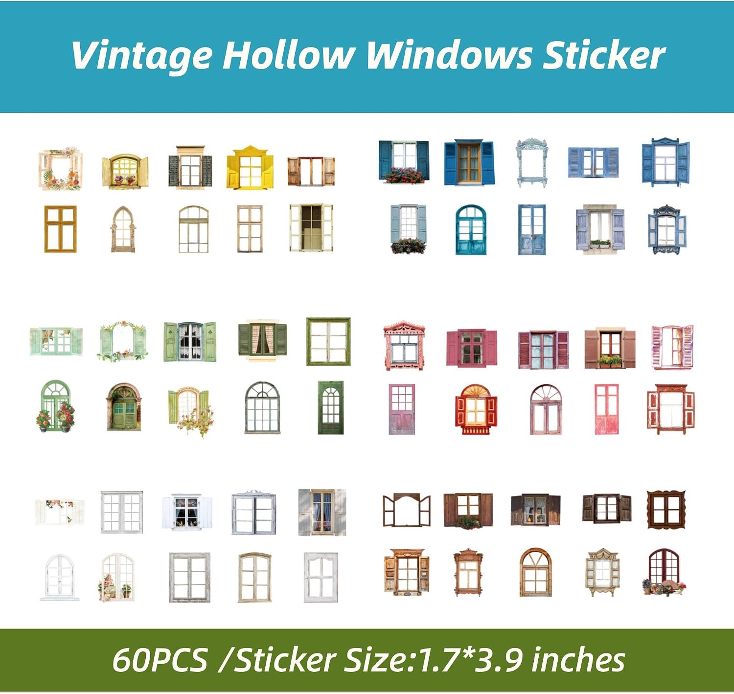60 Pieces Vintage Paper Window Frame Stickers, Aesthetic Decorative Window Flower Cutouts Scrapbook Stickers for DIY Diary Junk Journal Handbook Album Label Decal Journaling Scrapbooking Supplies