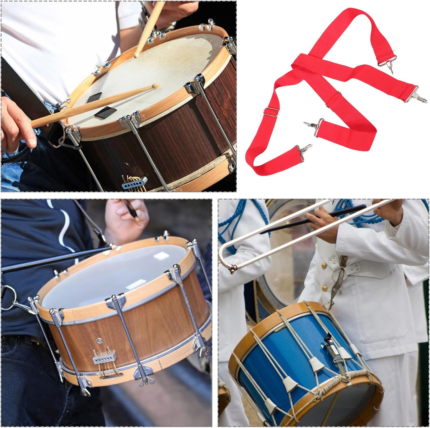 Adjustable Red Snare Drum Strap 5cm Wide Double Shoulder Sling with Metal Hooks for Marching Band and Adult Drum Accessories