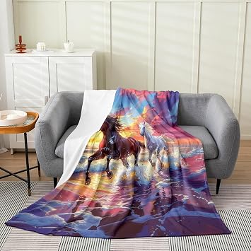 Castle Fairy Running Horse Throw Blanket Queen Size Western Style Animal Fleece Blanket Room Decor Beach 3D Sea Wave Blanket for Sofa Couch Sunny Sky Scenery Fuzzy Blanket for Kids Teens All Season