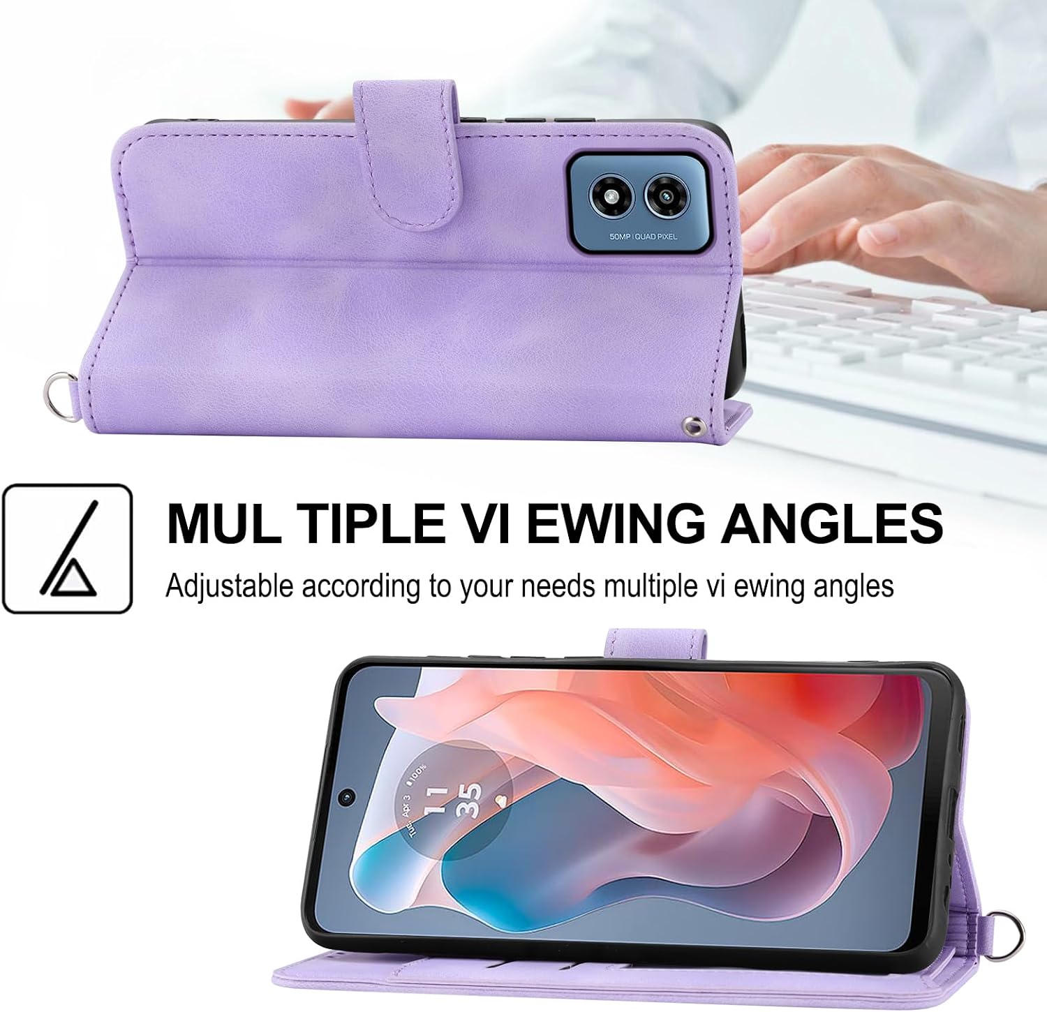 Wallet Case for Motorola Moto G Play 2024 4G with Wrist Strap Crossbody Shoulder Strap, Embossed Leather Flip Folio Credit Slim Card Holder Stand Cell Phone Cover for 64GB Women Girls Purple