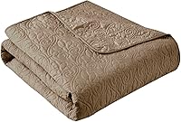 Madison Park Quebec Khaki Throw Blanket 60x70 - Reversible Damask Quilted Microfiber, Soft Cotton Filled, Cozy All-Season Oversized Throw