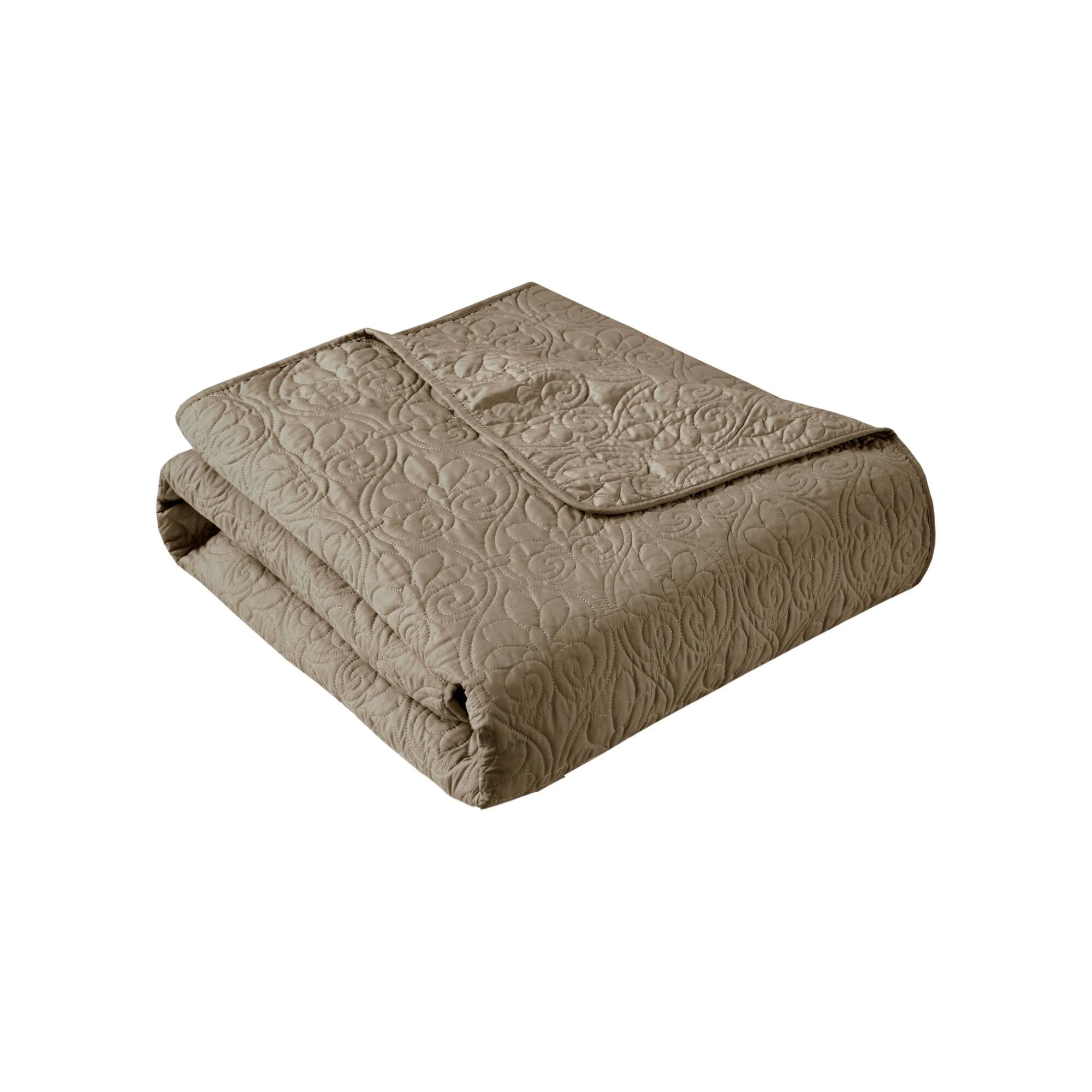Madison Park Luxe Quilted Throw Blanket - Damask Stitching Design, Cotton Filled Spread, Ultra Soft, Cozy Bedding for Living Room Couch, Sofa, Bed, 60x70, Piping Borders Khaki