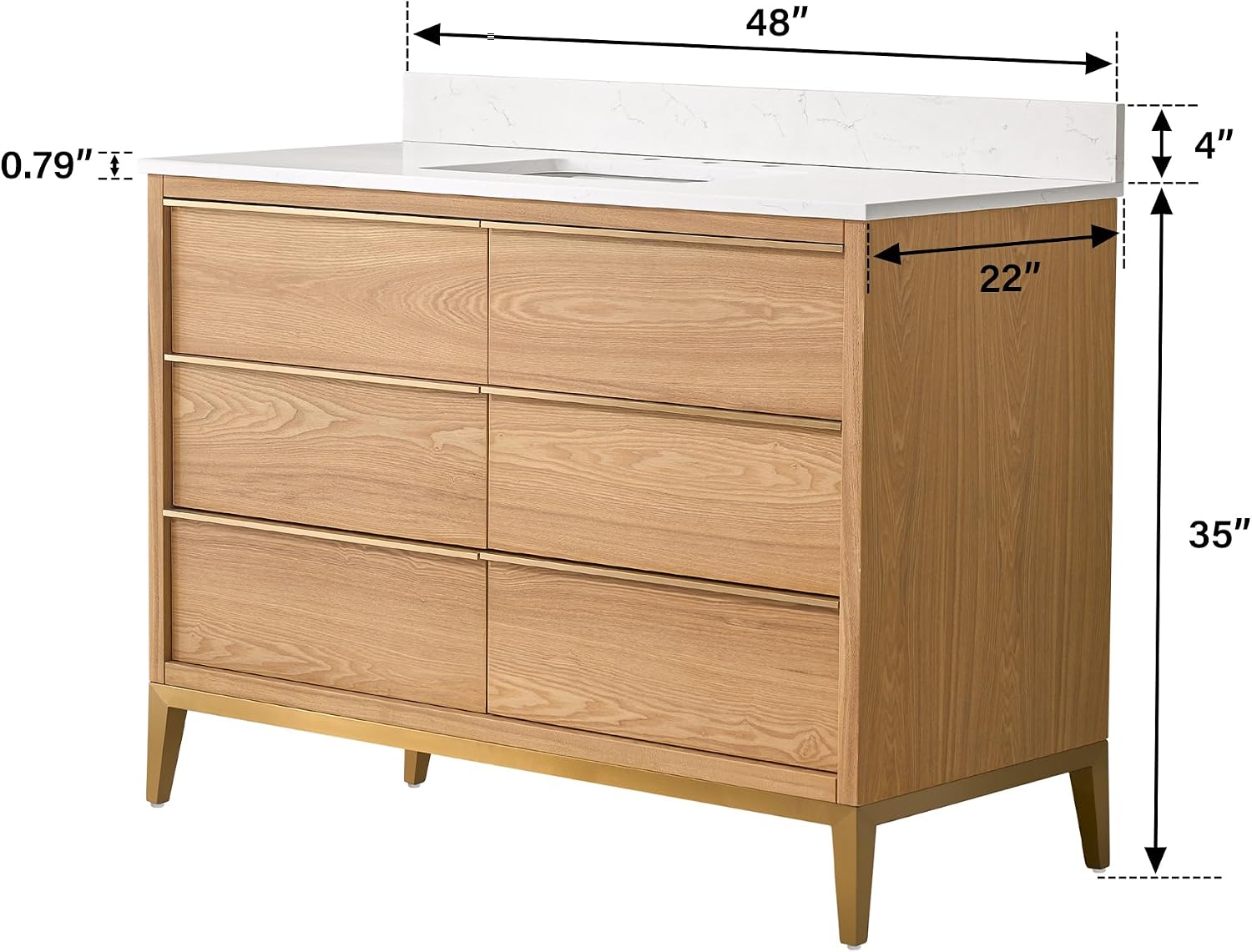 WELLFOR 48" Bathroom Vanity with Sink, Freestanding Wooden Bathroom Makeup Cabinet W/ 6 Soft-Close Drawers and Backsplash, Solid Wood Frame Bathroom Vanity, Light Oak