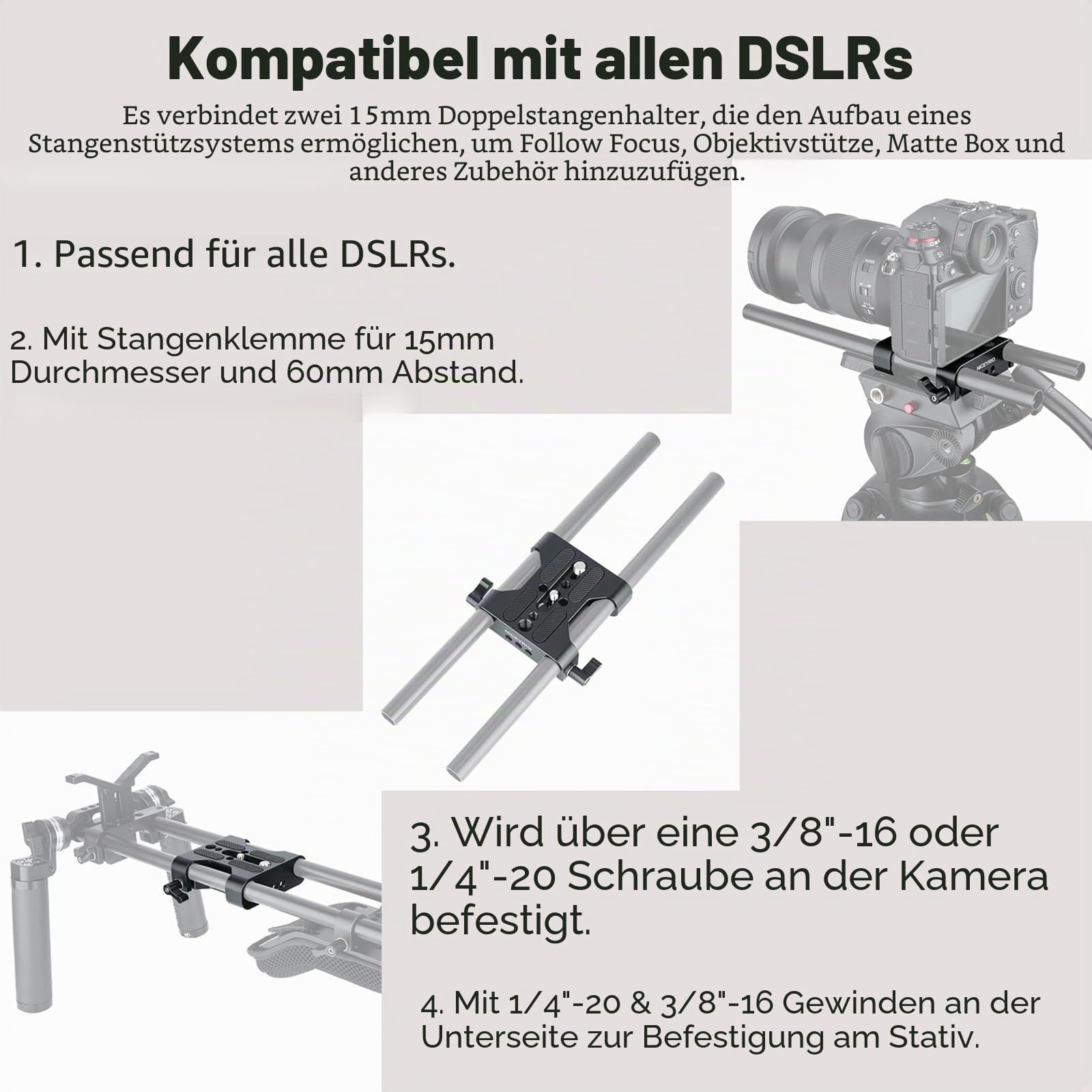 NICEYRIG Mehrzweckkamera Grundplatte mit 15 mm Stangenschienenklemme für das DSLR Rig Support System